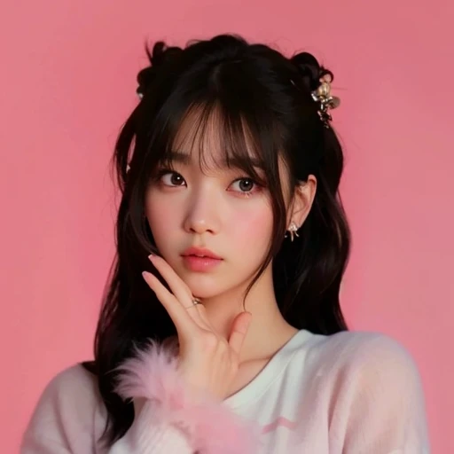 un primer plano de una persona con un fondo rosa, retrato de jossi de blackpink, Jinyoung Shin, Lalisa Manobal, jaeyeon nam, foto de perfil en la cabeza, kim doyoung, ulzzang, Lalisa Manoban de Blackpink, female korean idol portrait, sha xi, con flequillo, flequillo esponjoso, yo, aparcar desde-min, Obra oficial