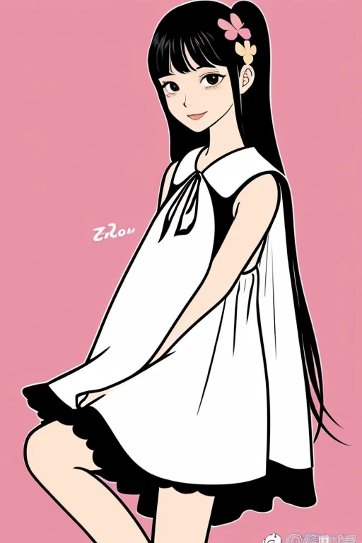 Cartoon gadis 17 tahun, tinggi badan 165 cm, berambut hitam panjang dikuncir, menggunakan kacamata, memeluk buku, memakai baju berwarna putih polos dan celana hitam panjang. 