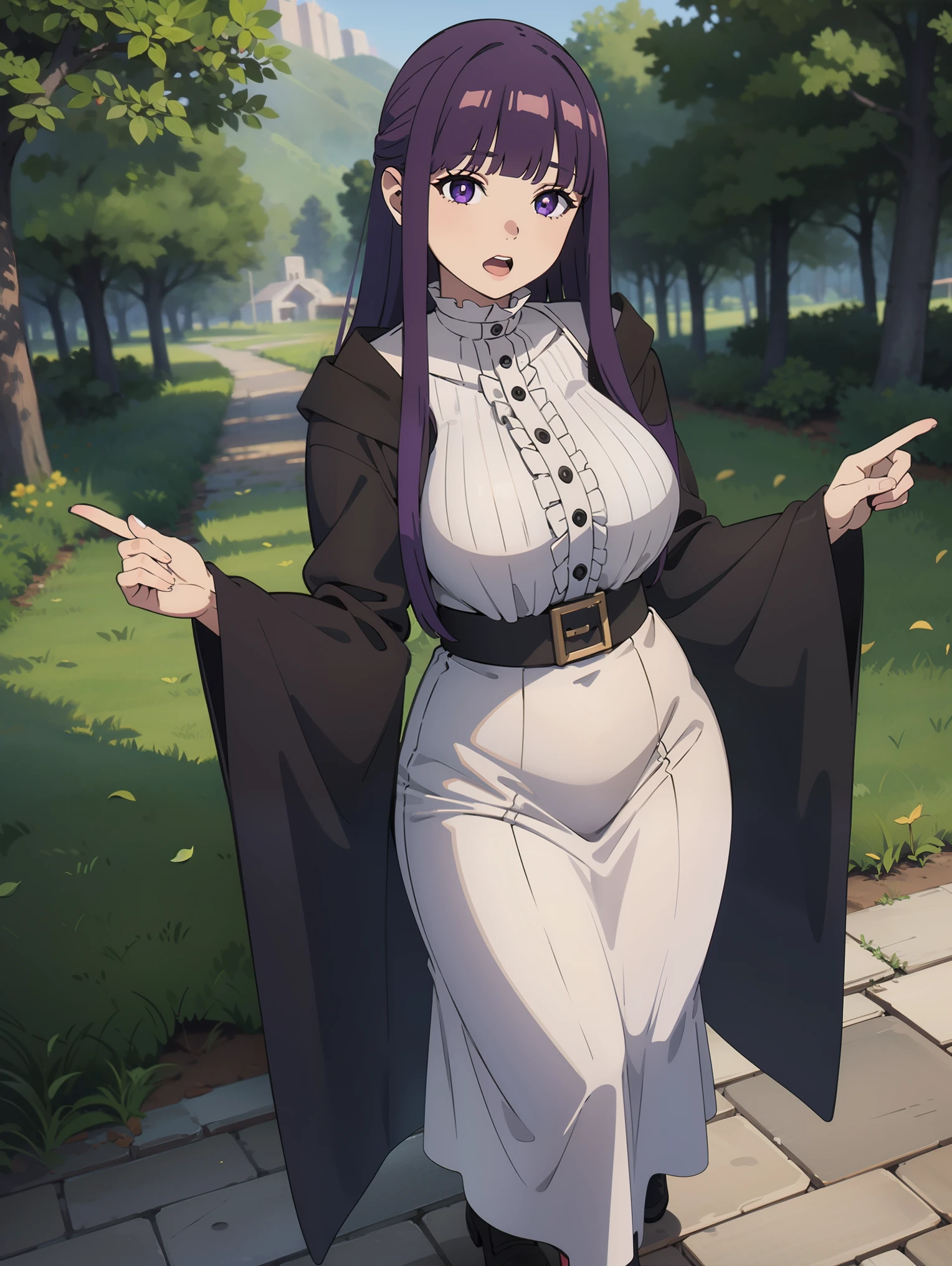 freirenfern, fern, purple hair, long hair, purple eyes, blunt bangs, sidelocks, half updo, bright pupils, (large breasts, 1 girl), frilled collar, black robe, white dress, center frills, buttons, wide sleeves, long sleeves, curvy, frilled collar, BREAK Masterpiece, best quality, high resolution, 8K, official art, super resolution, extremely detailed and beautiful, extremely detailed, amazing and detailed, highly detailed beautiful girl, highly detailed face, highly detailed eyes, highly detailed skin, highly detailed fingers, highly detailed nose, very detailed mouth, perfect anatomy BREAK Full body shot, Looking down, pray BREAK hill, nature, forest, extremely detailed CG unity 16k, very fine 16KCG wallpapers
