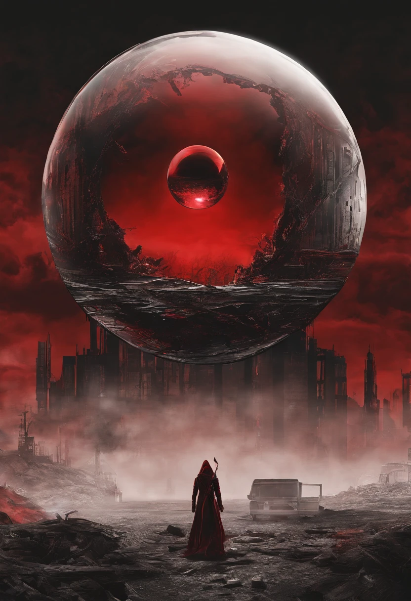 red crystal ball,coin,wicked,Blood fog,bloodshot eyes,Dark and moody colors, High resolution artwork, Photorealistic style