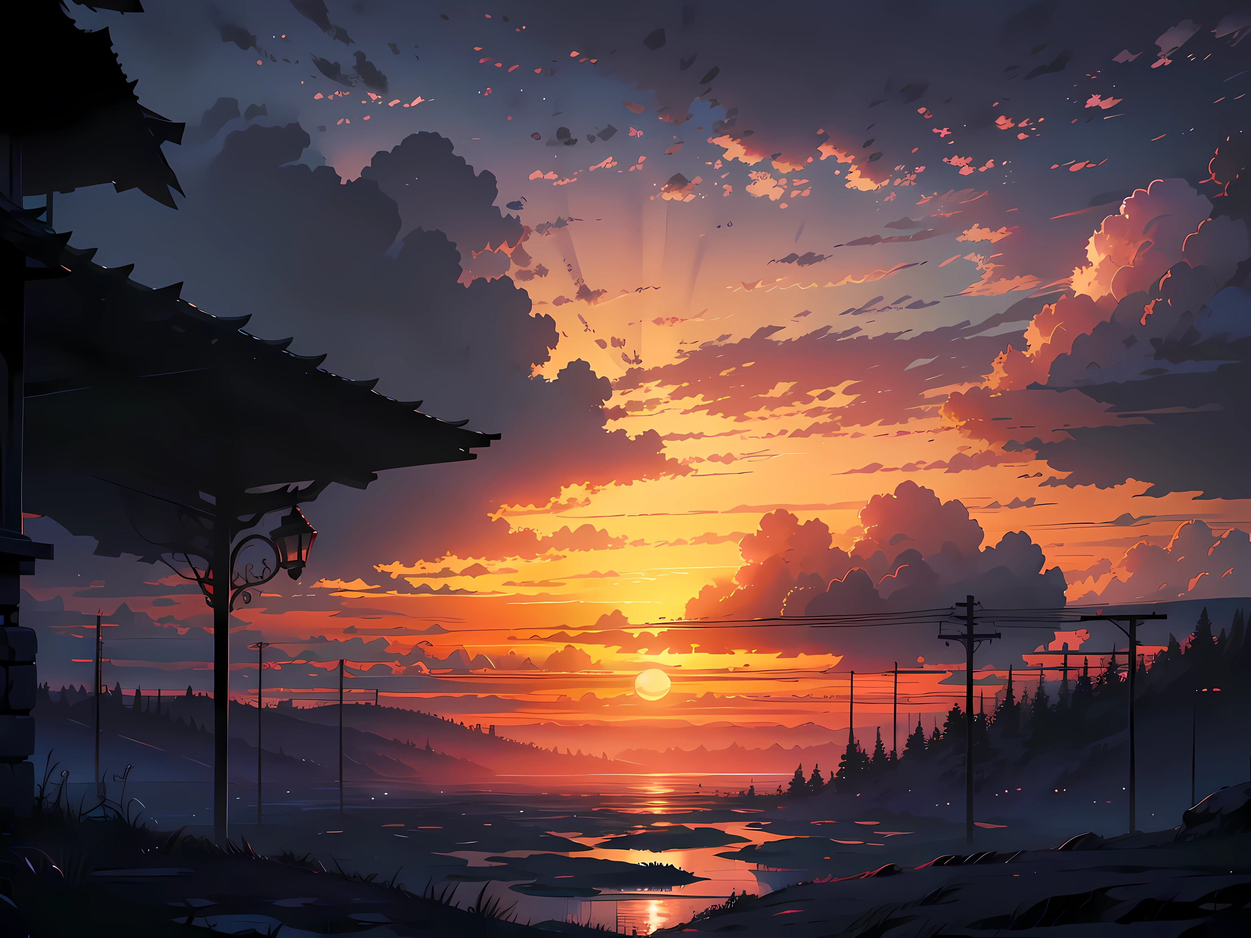 The Setting Sun, style of makoto shinkai, Beautiful nature, sad atmosphere