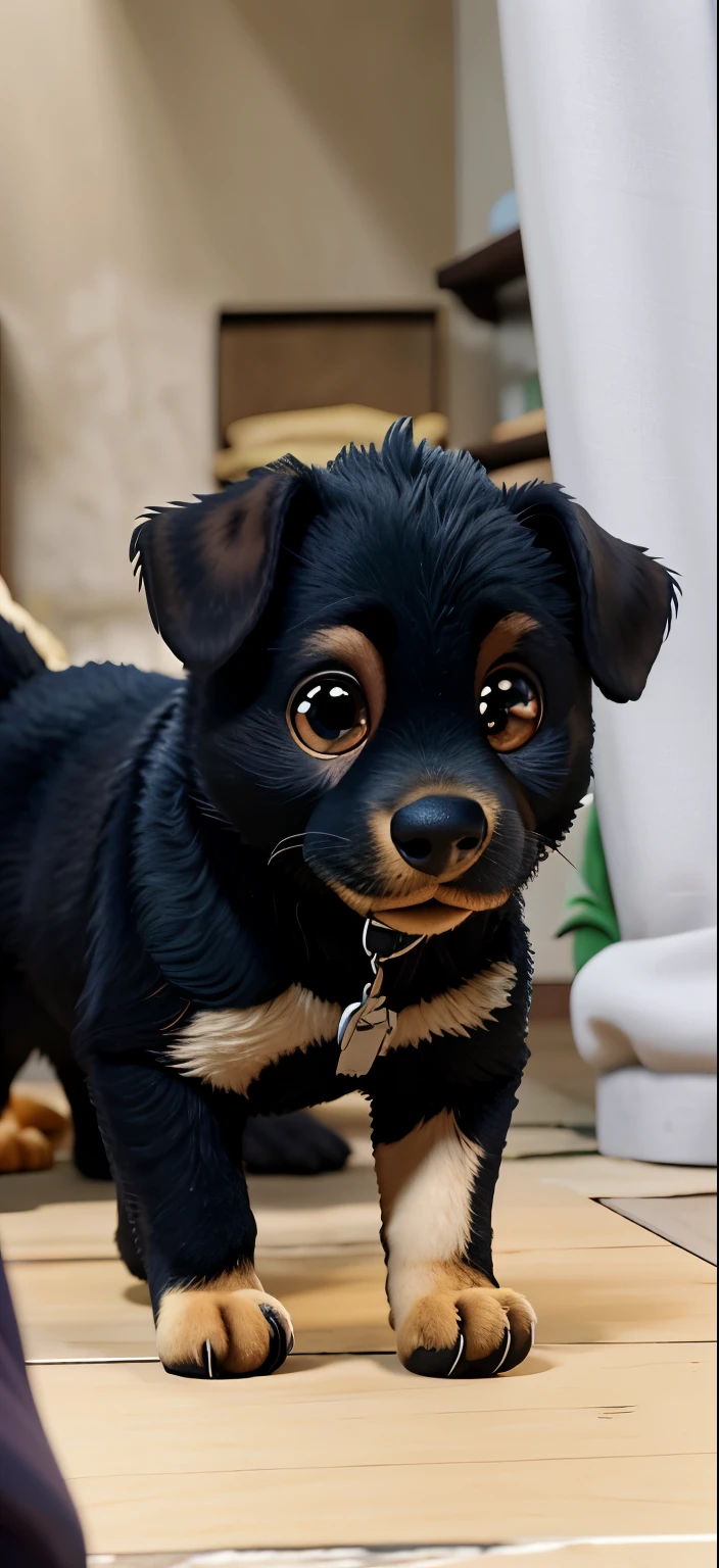 Cachorro peludo preto com marrom, com uma mancha pequena branca no peito