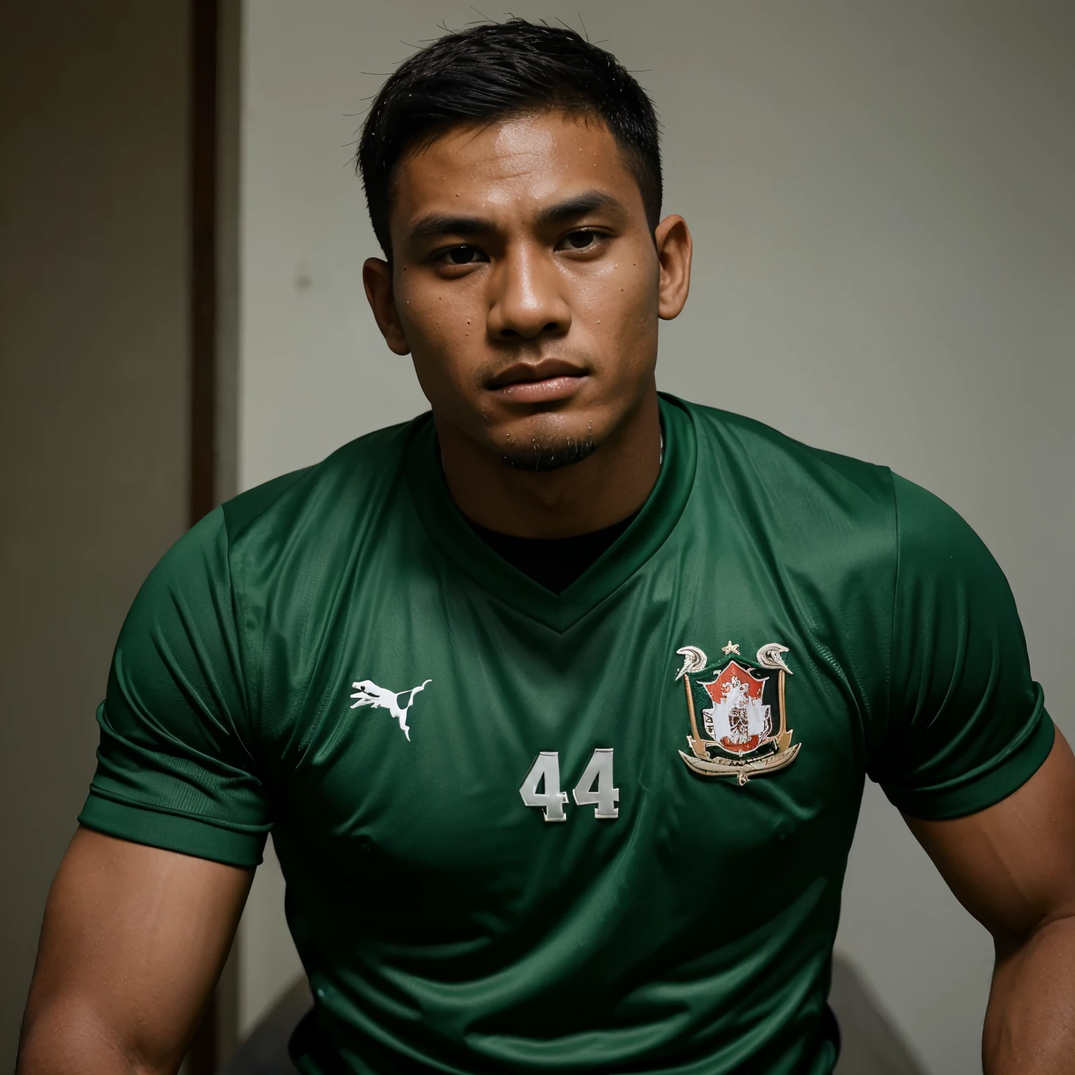Make handsome Indonesia football player, with blank stare, drooling bacause of mind control magic