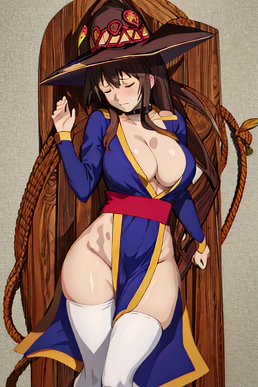 masterpiece, high resolution, best quality, beautiful art, detailed hands and face, 1 woman, solo, Megumin, 30 years old, grown up, mature woman, loose long hair, big breasted, cleavage, blue_japanese_clothes, sexy outfit, pelvic curtain, white stockings, sleeveless, alluring body, ryona, in peril, defeated, unconscious , closed eyes, laying down on the sand, passed out, exhausted, sweating, exposed full body, sexy defeated pose, zooming on her breasts, legs and thighs, defeat and KO scene, sexy smirk on her face, bouncing breasts, beach background