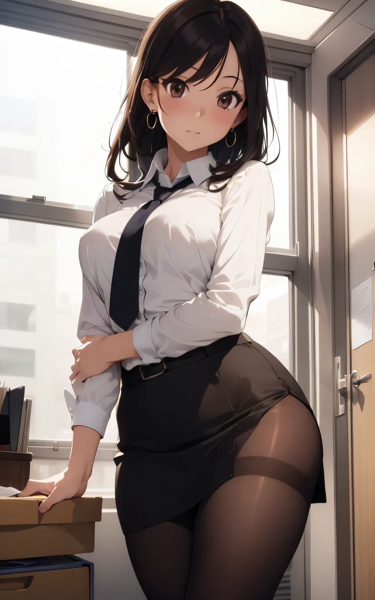 (sexy poseasterpiece), (best quality), (intricate detailed), (Hyperrealistic), absurd res, perspective, highly detailed, detailed background, illustration, 1girl, perfect hands, detailed fingers, beautiful detailed eyes, perfect eyes, seductive eyes, (medium chest), milf, mature woman, brown eyes, CEO, (office clothes:1.2), Tight Skirt, pantyhose, earrings, a woman in the office room, serious, straight hair
