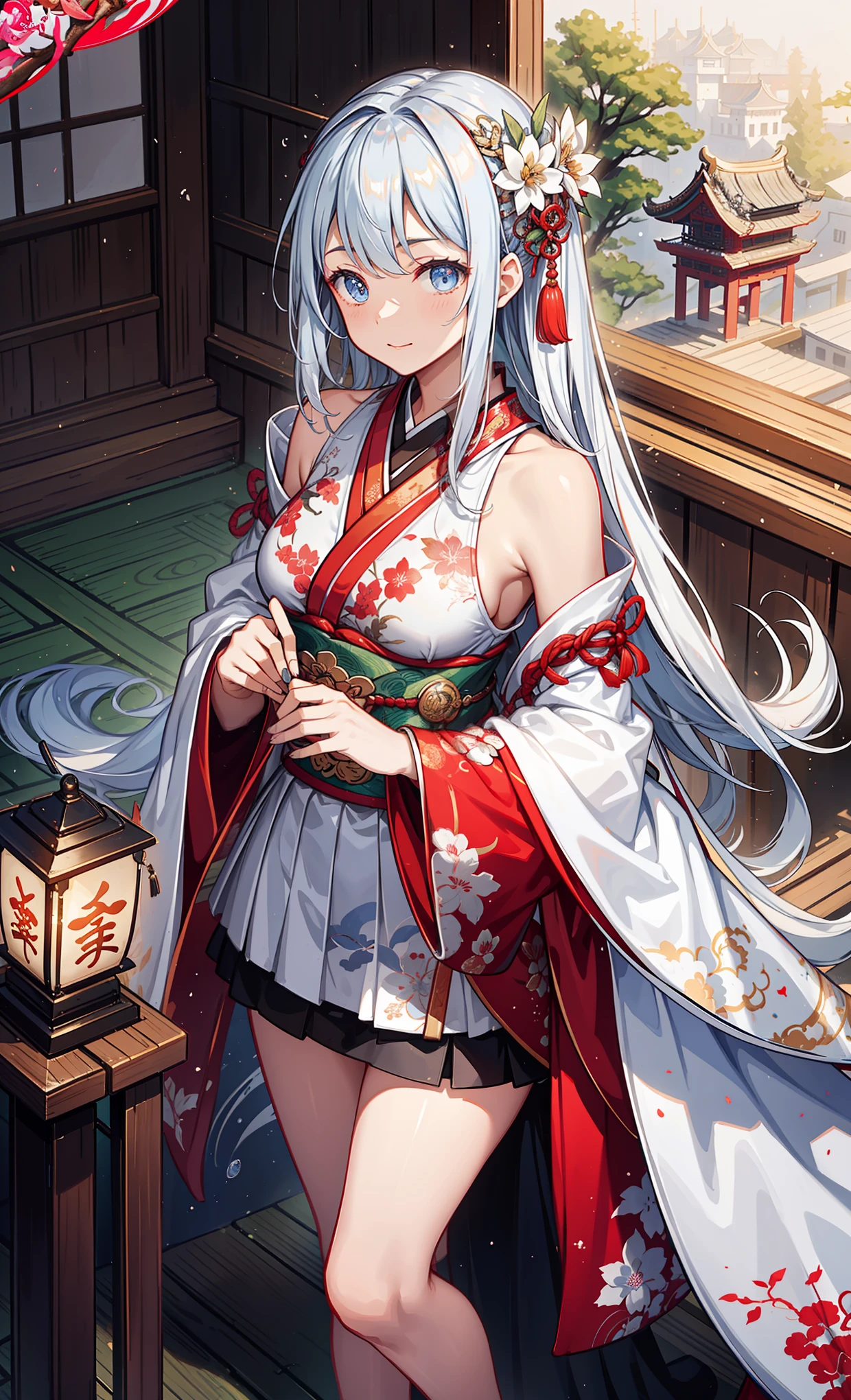 Only one girl、独奏、Beautiful girl with gray hair、animesque、Cat's ears、Torn shrine maiden costume、shrine maiden、japanese miko costume、Torn clothes、Cleavage emphasis、very very gigantic boobs、thigh focused、Holding a sword、Standing facing the front、Displays the whole body from head to toe、Frontal camera work、Holding a sword、Very shy look