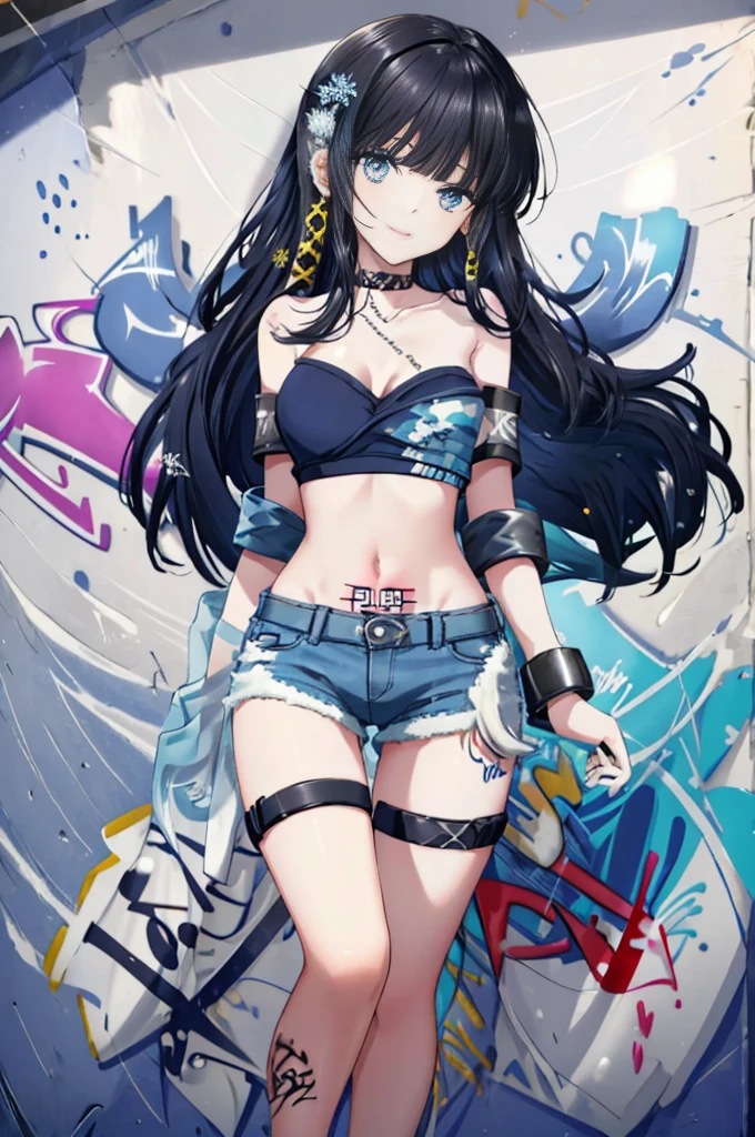 Siboshency,1 girl,black hair,long hair,alone,dull bangs,Snowflake Hair Ornament,Yellow x hair ornament,black eye,blue eyes,denim shorts, choker, (graffiti:1.5), smile,Paint splatters, turn your arms behind your back, towards the wall, looking at the viewer, armband, thigh strap, Paint on the body, head tilt, was bored, headset,outdoor,Day,exquisite visuals, High resolution,masterpiece,highest quality,exquisite visuals,High resolution,masterpiece,highest quality,18-year-old,young woman,beautiful fingers,beautiful long legs,beautiful body,beautiful character design,
