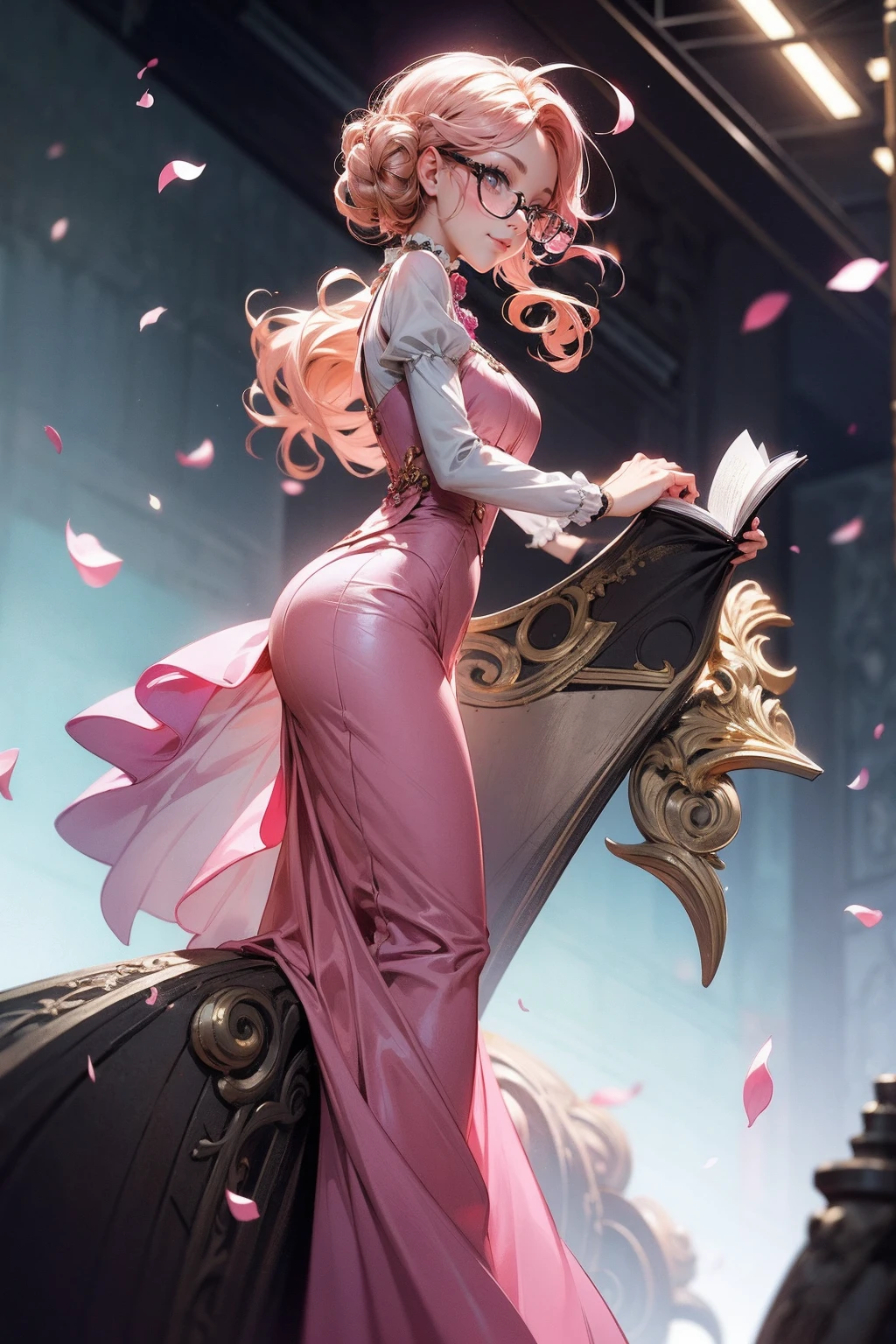 Anime girl tuxedo with curly rose gold hair and round gold glasses, rose gold eyes. Guviz style art, attractive detailed art style, Charlie Bowater Style, 1 7 - year - old cute anime girl, detailed manga style, detailed anime character art, germ of art. High detail, stunning manga art style. Rose dress. (pink dress) . Wearing rose gold Victorian clothing. Dancing, walking, drinking, reading, writing, lying, standing, on your back, dynamic poses, smile, closed mouth. Different Pose.