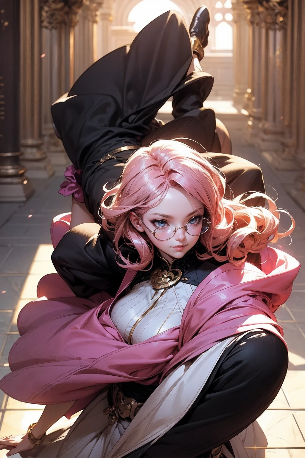 Anime girl tuxedo with curly rose gold hair and round gold glasses, rose gold eyes. Guviz style art, attractive detailed art style, Charlie Bowater Style, 1 7 - - old e anime girl, detailed manga style, detailed anime character art, germ of art. High detail, stunning manga art style. Rose dress. (pink dress) . Wearing rose gold Victorian clothing. Dancing, walking, drinking, reading, writing, lying, standing, on your back, dynamic poses, smile, closed mouth. Different Pose.