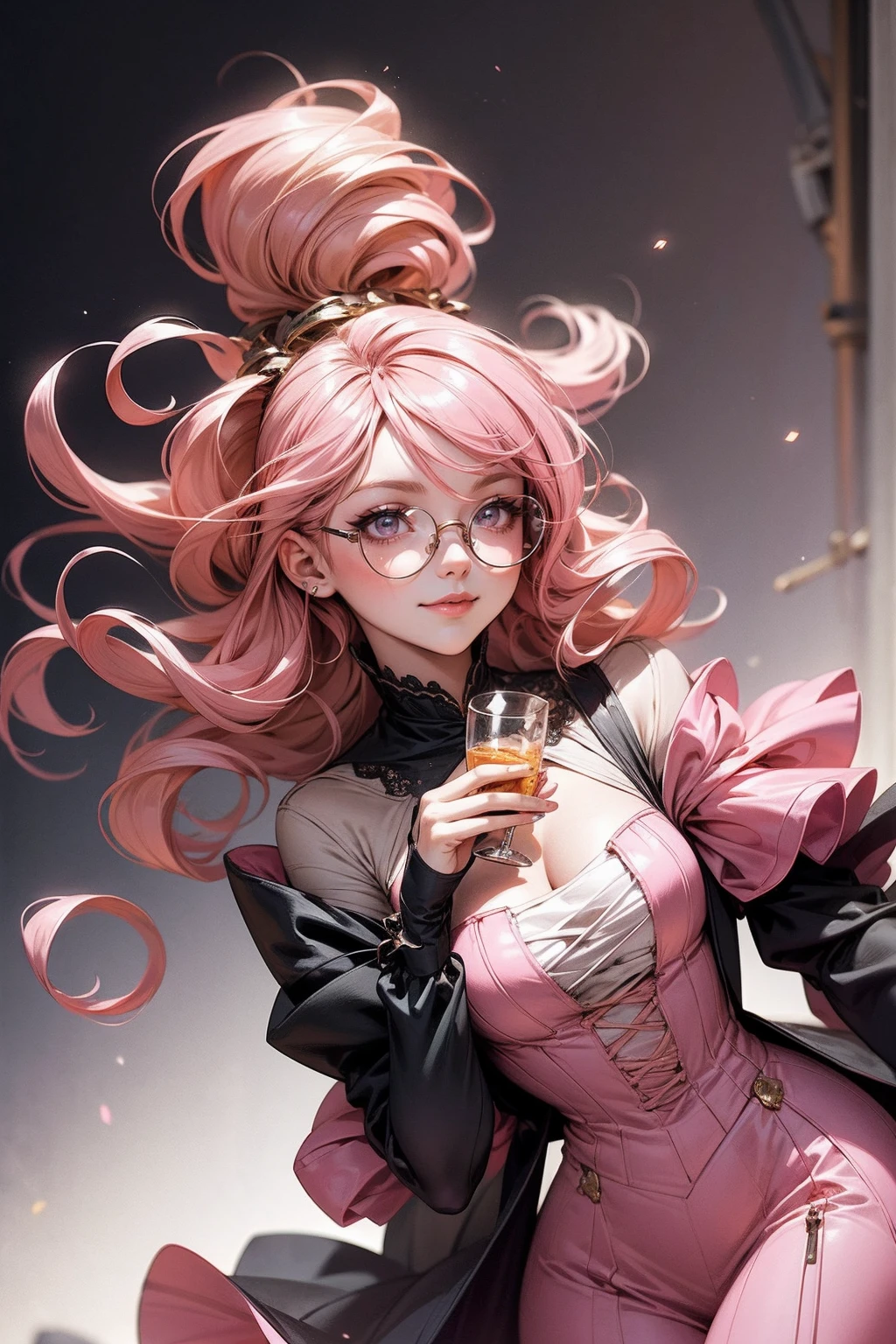 Anime girl tuxedo with curly rose gold hair and round gold glasses, rose gold eyes. Guviz style art, attractive detailed art style, Charlie Bowater Style, 1 7 - year - old cute anime girl, detailed manga style, detailed anime character art, germ of art. High detail, stunning manga art style. Rose dress. (pink dress) . Wearing rose gold Victorian clothing. Dancing, walking, drinking, reading, writing, lying, standing, on your back, dynamic poses, smile, closed mouth. Different Pose.