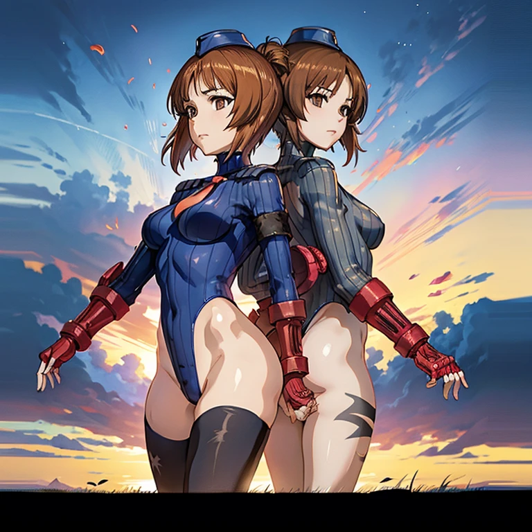 ultra-detailed, Explicit, Beautiful body, Beautiful Nose, Beautiful character design, perfect eyes, perfect face, ultra highres, 4K, beautiful legs, perfect legs, Nice hands, Perfect hand, Masterpiece, Best Quality, Highly detailed, illustration, absurdres, perfect anatomy, street fighter, doll suit, shadaloo doll, dollsuit, expressionless, blank eyes, looking at viewer, red gloves, emotionless, black latex, corrution, mind control, female combatant, full body, hypnotized, unhappy trance, full body suit, ribbed bodysuit, both arms at side, obey, perfect female body, extremely glossy latex, hypnosis, hypnoLora, empty eyes, Mind control device, poses, submissive_pose, Slave, hat, necktie, stand up straight, standing, standing at attention, hat, necktie, belt, latex, ribbed bodysuit, thighhighs, garter belt, Fighting Stance, extending the right arm from the shoulder into the air with a straightened hand, military, thigh boots, 1girl, Solo, brown hair, short hair, brown eyes, nishizumi miho, strike witches, looking from back, from back, view from back