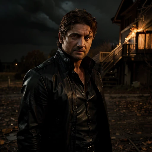 Es gerard butler a young evil electric demonic humanoid made of lightning, dark, horror, fall weather, night time, fire, 1600s