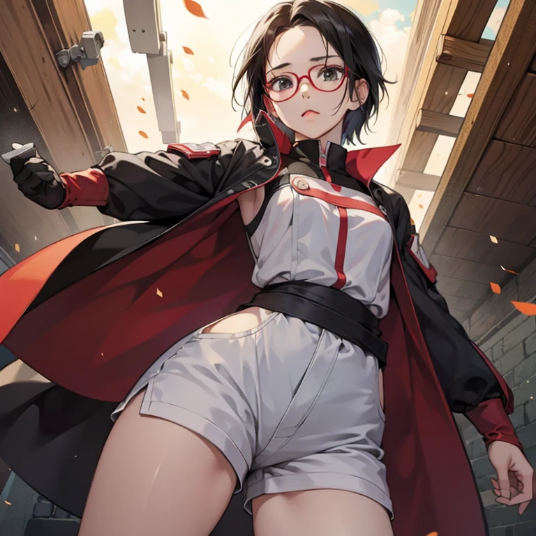 1 girl, from below, standing, beautiful Sarada Uchiha, 18 years old, Cups, Black thighs, arm warmers, forehead protector, shorts, short hair, big chest, black eyes wearing glasses, small hips, big ass, capture anime screen, Sarada is 18 years old, mature appearance