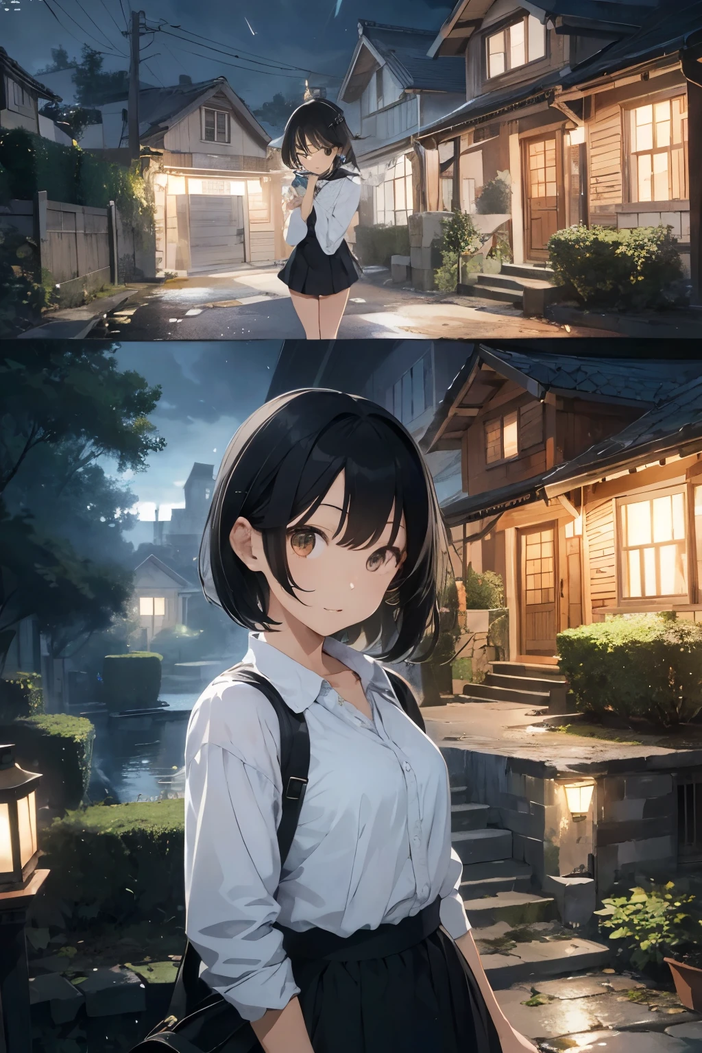 Hoang Lap，High resolution，super detailed，（1 girl：1.3）， thunder ，I am depicting a scene set at the entrance of a house.，I have short black hair、expressive face、cute costumes、expression of surprise。 thunder ，Drawing a double-exposure image，Create unique artistic effects。