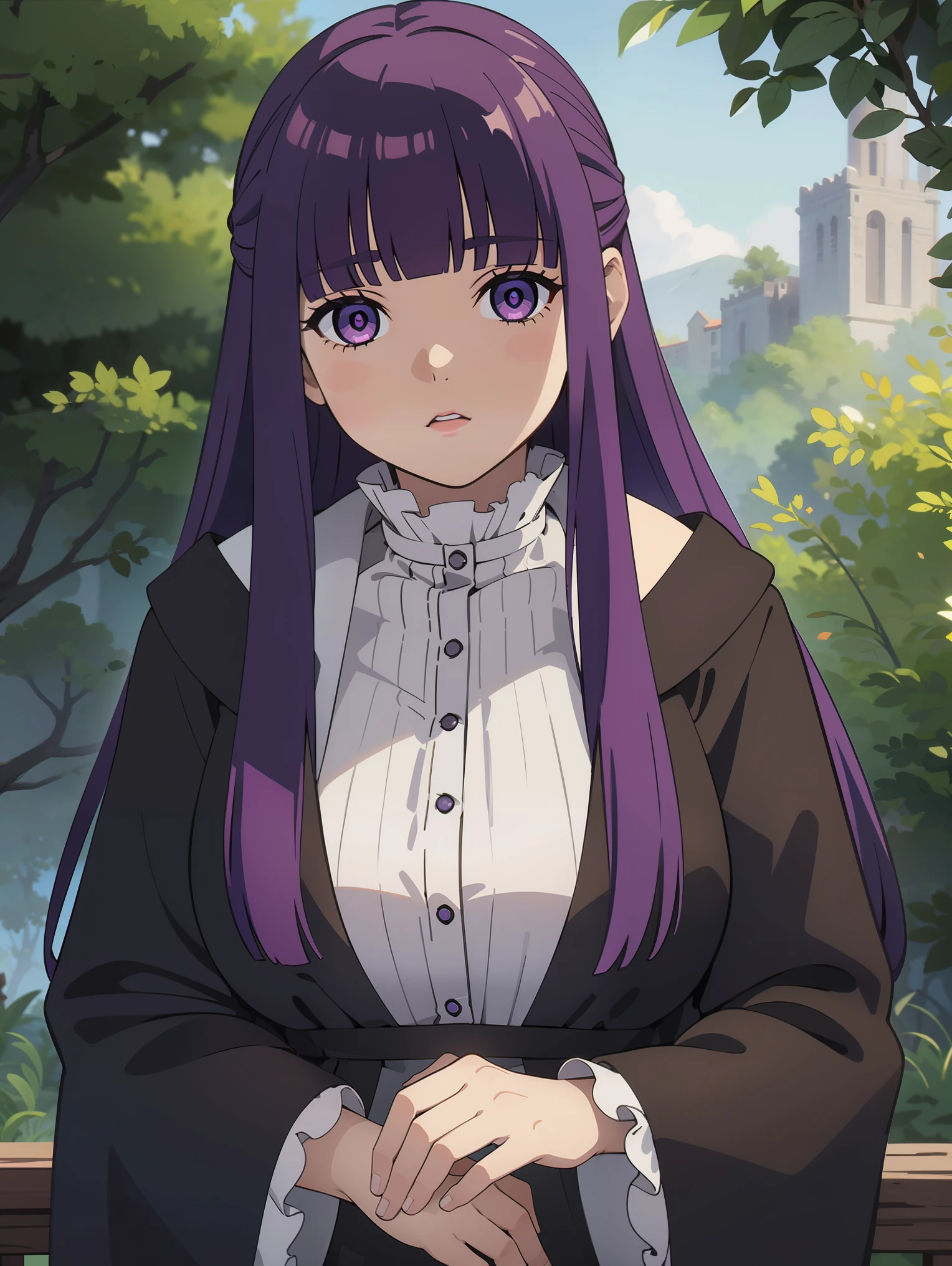 freirenfern, fern, purple hair, long hair, purple eyes, blunt bangs, sidelocks, half updo, bright pupils, (, 1 girl), frilled collar, black robe, white dress, center frills, buttons, wide sleeves, long sleeves, curvy, frilled collar, BREAK Masterpiece, best quality, high resolution, 8K, official art, super resolution, extremely detailed and beautiful, extremely detailed, amazing and detailed, highly detailed beautiful girl, highly detailed face, highly detailed eyes, highly detailed skin, highly detailed fingers, highly detailed nose, very detailed mouth, perfect BREAK Full body shot, Looking down, pray BREAK hill, nature, forest, extremely detailed CG unity 16k, very fine 16KCG wallpapers