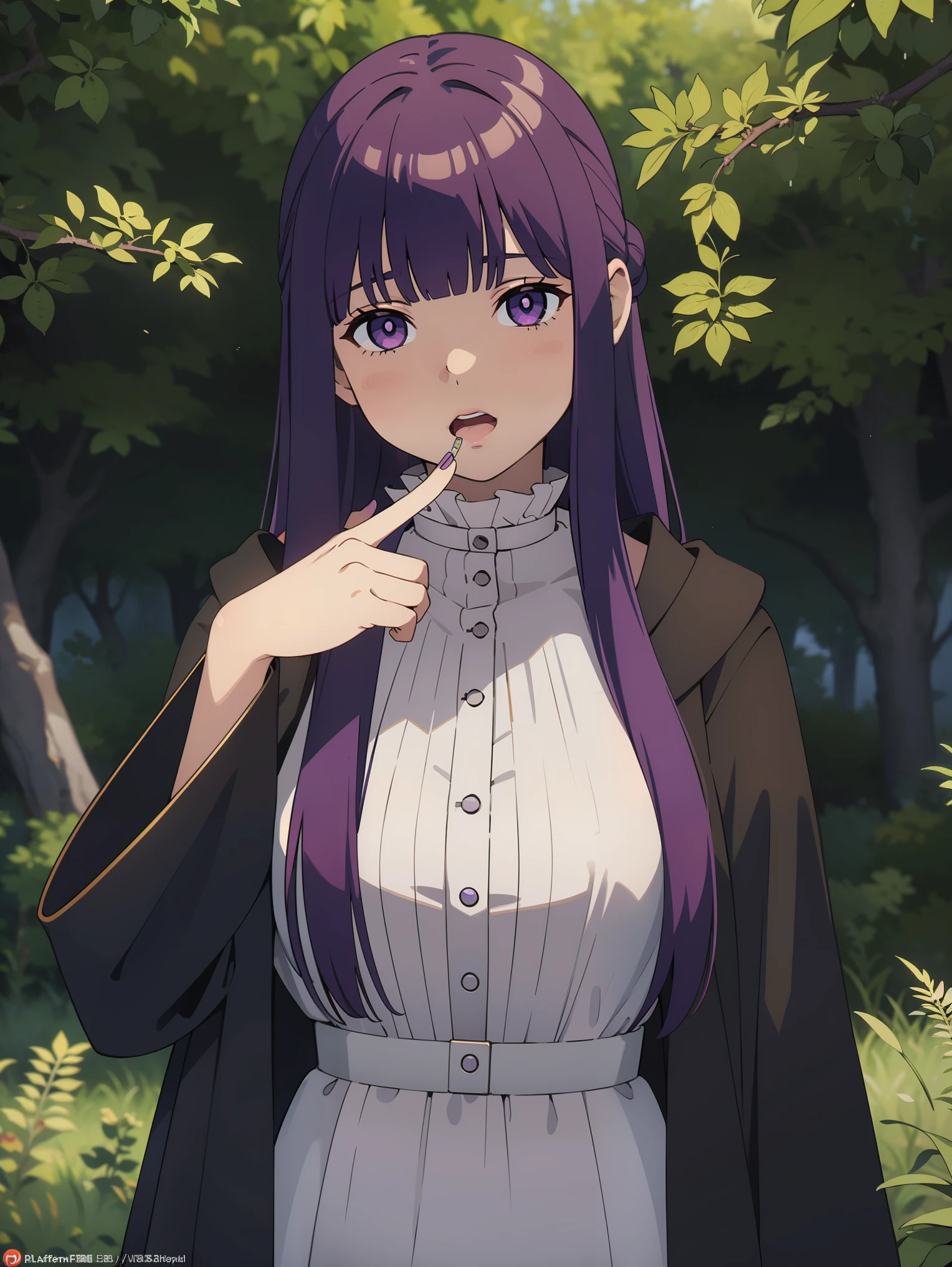 freirenfern, fern, purple hair, long hair, purple eyes, blunt bangs, sidelocks, half updo, bright pupils, (large breasts, 1 girl), frilled collar, black robe, white dress, center frills, buttons, wide sleeves, long sleeves, curvy, frilled collar, BREAK Masterpiece, best quality, high resolution, 8K, official art, super resolution, extremely detailed and beautiful, extremely detailed, amazing and detailed, highly detailed beautiful girl, highly detailed face, highly detailed eyes, highly detailed skin, highly detailed fingers, highly detailed nose, very detailed mouth, perfect anatomy BREAK Full body shot, Looking down, pray BREAK hill, nature, forest, extremely detailed CG unity 16k, very fine 16KCG wallpapers
