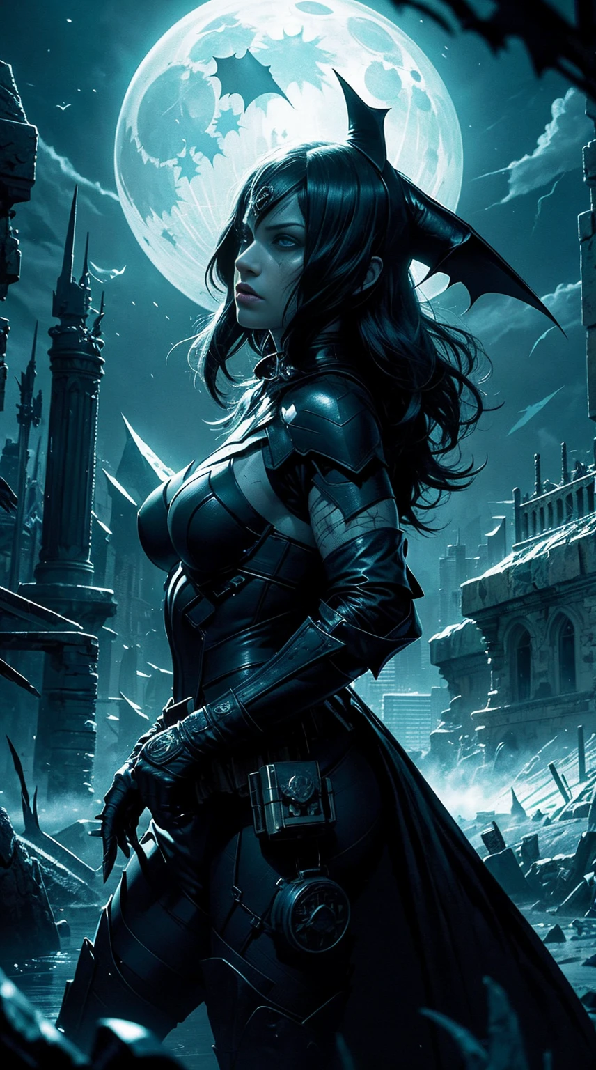 Batman from The Dark Knight stands in the Gothic Lost City with pistol in hand. Moonlight highlights your muscles and scars. Lush scenery，mysterious, With future technology and environment. Camera details everything, a female warrior, in front of him. - car