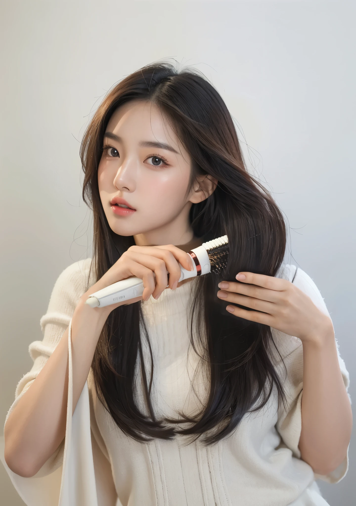 (In reality, high resolution:1.3, masterpiece, 8K, best quality, ultra detailed ), korean girl, very beautiful face, (photo realistic:1.4), studio shoot,pictorial,photography,realistic eyes, Ultra-Detailed Face, Detailed Lips, normal hand, glossy lips, glossy face, simple background,looking at viewer