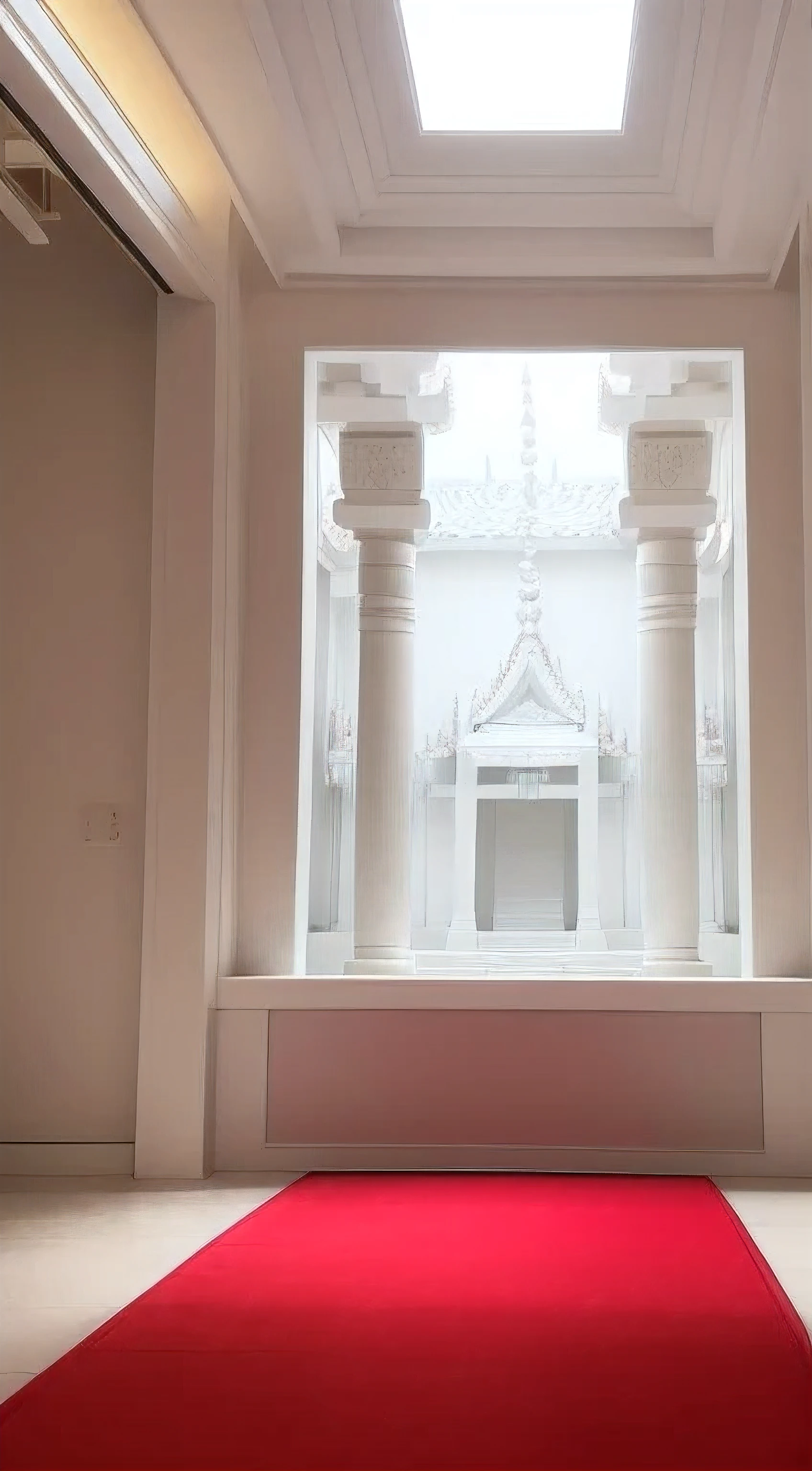 Inside the temple、Inside the temple。room with electricity、bright background。inside、bright room、Close to the wall、there is a wall nearby、the window is close、small room、Red Carpet, The room is bright., white room