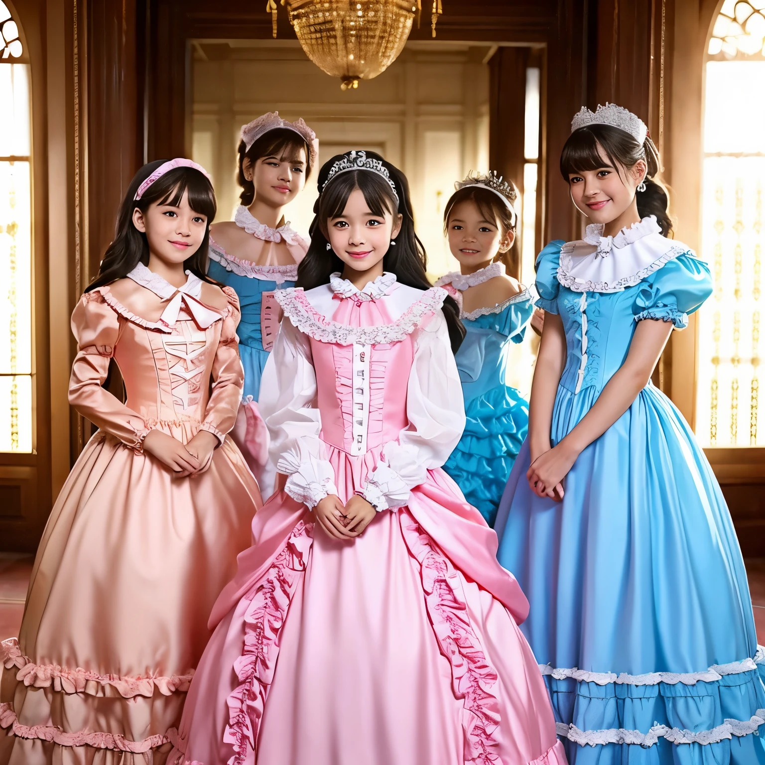 highest quality, masterpiece, highest resolution, artwork, super それにget used to it, many get used to it, get used to it, それにget used to it,, girl,可愛いgirl達,(()),((All 10 year old girls)),girlはお姫様です,everyone wears a tiara on their head,((all have volume,She is wearing a pink Victorian ball gown dress with a full-length hoop skirt)),the dress is round and bulging,(Long sleeves with ruffles),((A long dress that almost touches the floor)),A dress with lots of frills and ribbons..,((ruffle yoke collar)),luxury,inside the palace,Satin fabric dresses,