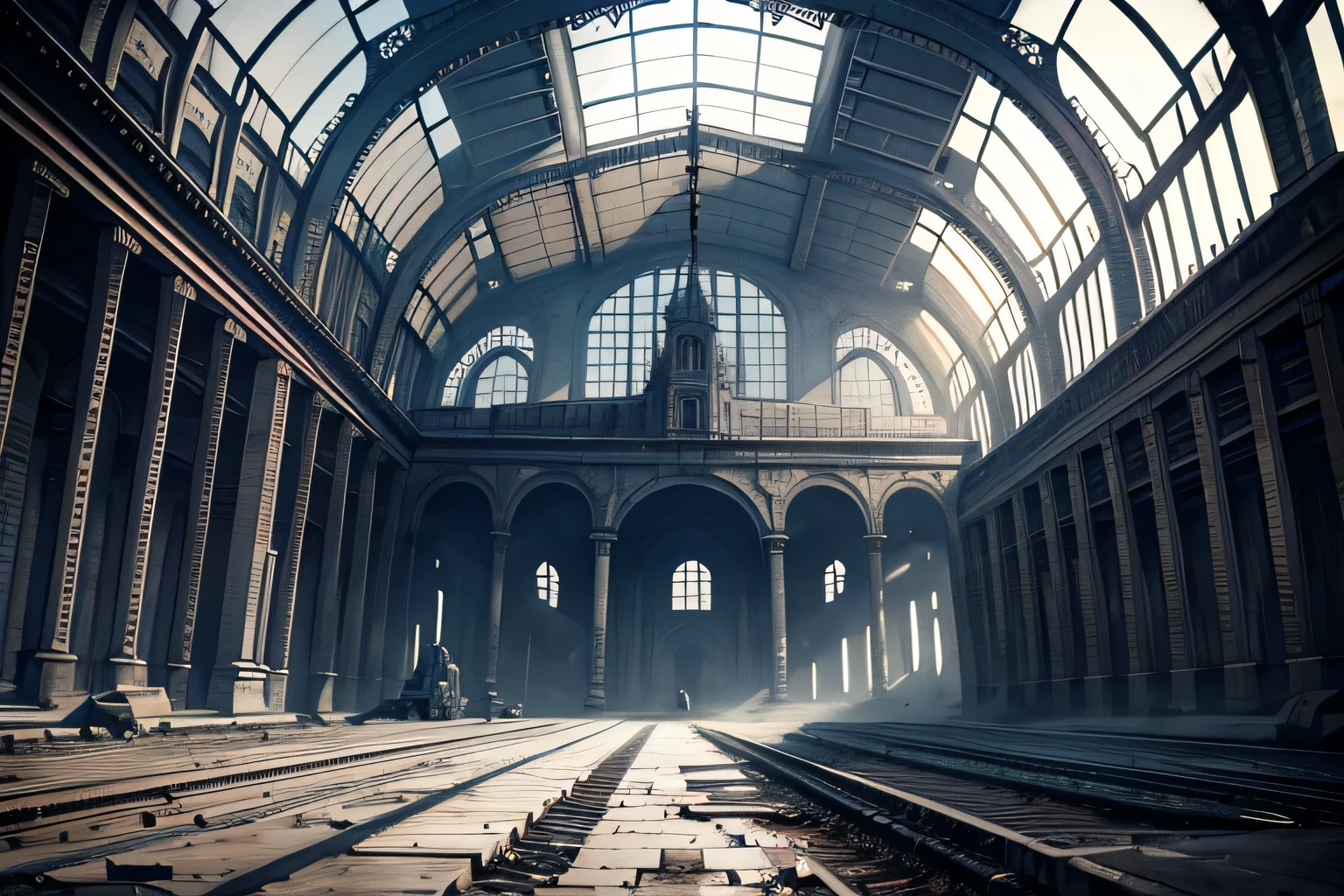 (dark abyss art), gray abandoned buildings, iron structures, very detailed art, very detailed background