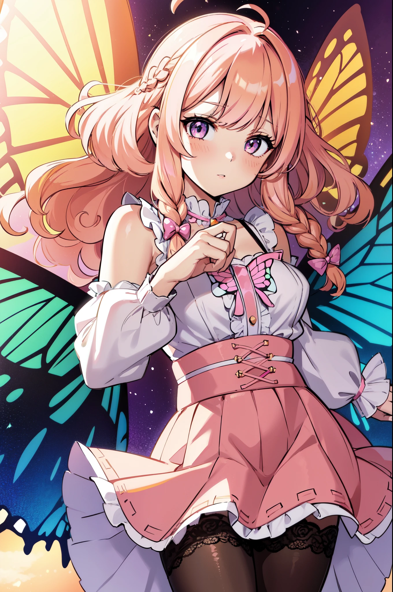 1girl, (butterfly ears:1.1), (blonde hair, pink hair), ((((curly hair)))), (medium hair), ((sidelocks)), ((((braided bangs))), ((sunrise eyes)), (dynamic pose), (colorful idol costume), ((lacy skirt)), ((skirt ribbons)), (black pantyhose), (butterfly wings:1.2), (dynamic angle), more_details:-1, more_details:0, more_details:0.5, more_details:1, more_details:1.5, glowify, more prism, vibrant color, ((color scheme: pink, white, pale orange))