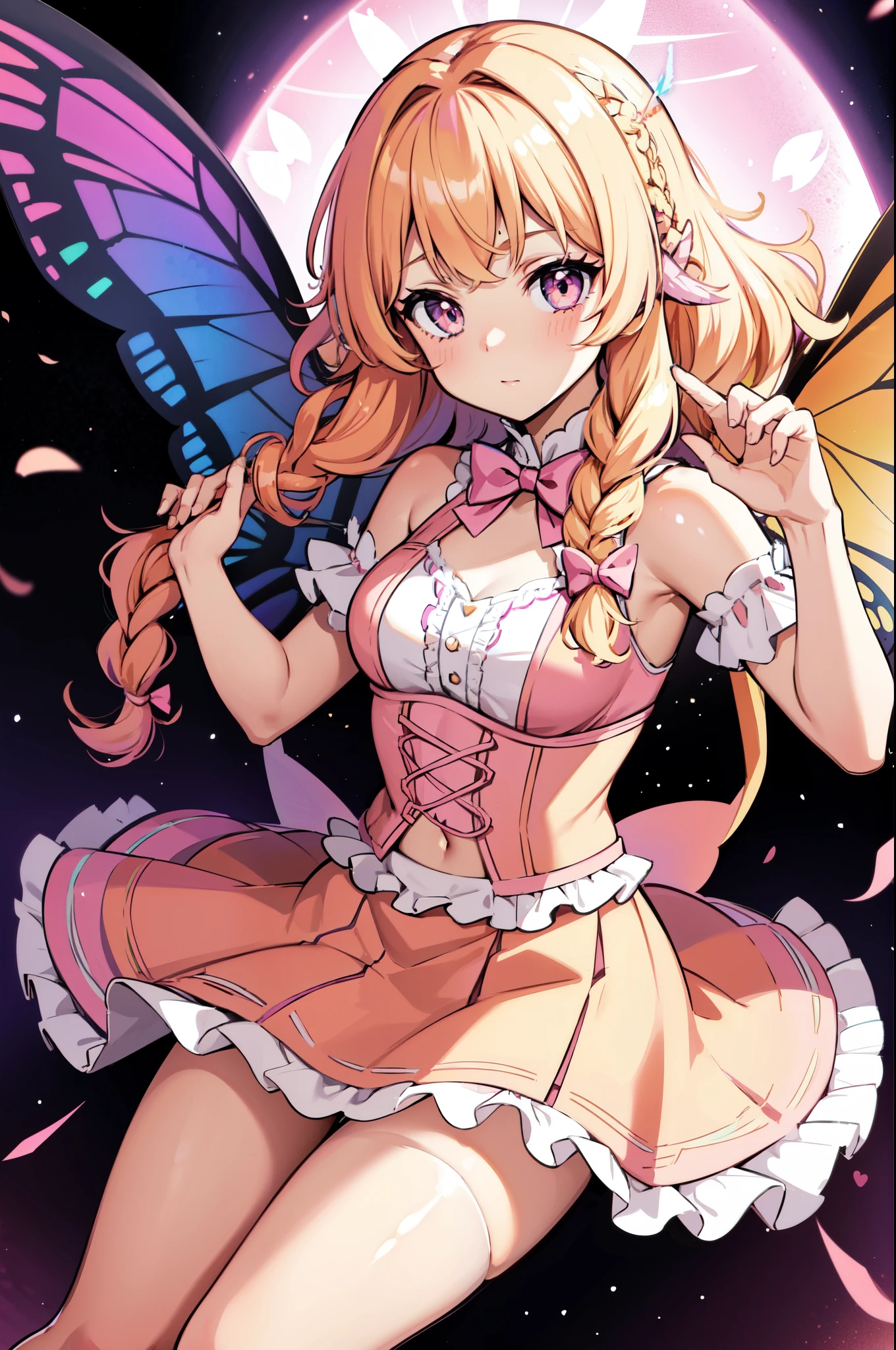 1girl, (butterfly ears:1.1), (blonde hair, pink hair), ((((curly hair)))), (medium hair), ((sidelocks)), ((((braided bangs))), ((sunrise eyes)), (dynamic pose), (colorful idol costume), ((lacy skirt)), ((skirt ribbons)), (black pantyhose), (butterfly wings:1.2), (dynamic angle), more_details:-1, more_details:0, more_details:0.5, more_details:1, more_details:1.5, glowify, more prism, vibrant color, ((color scheme: pink, white, pale orange))