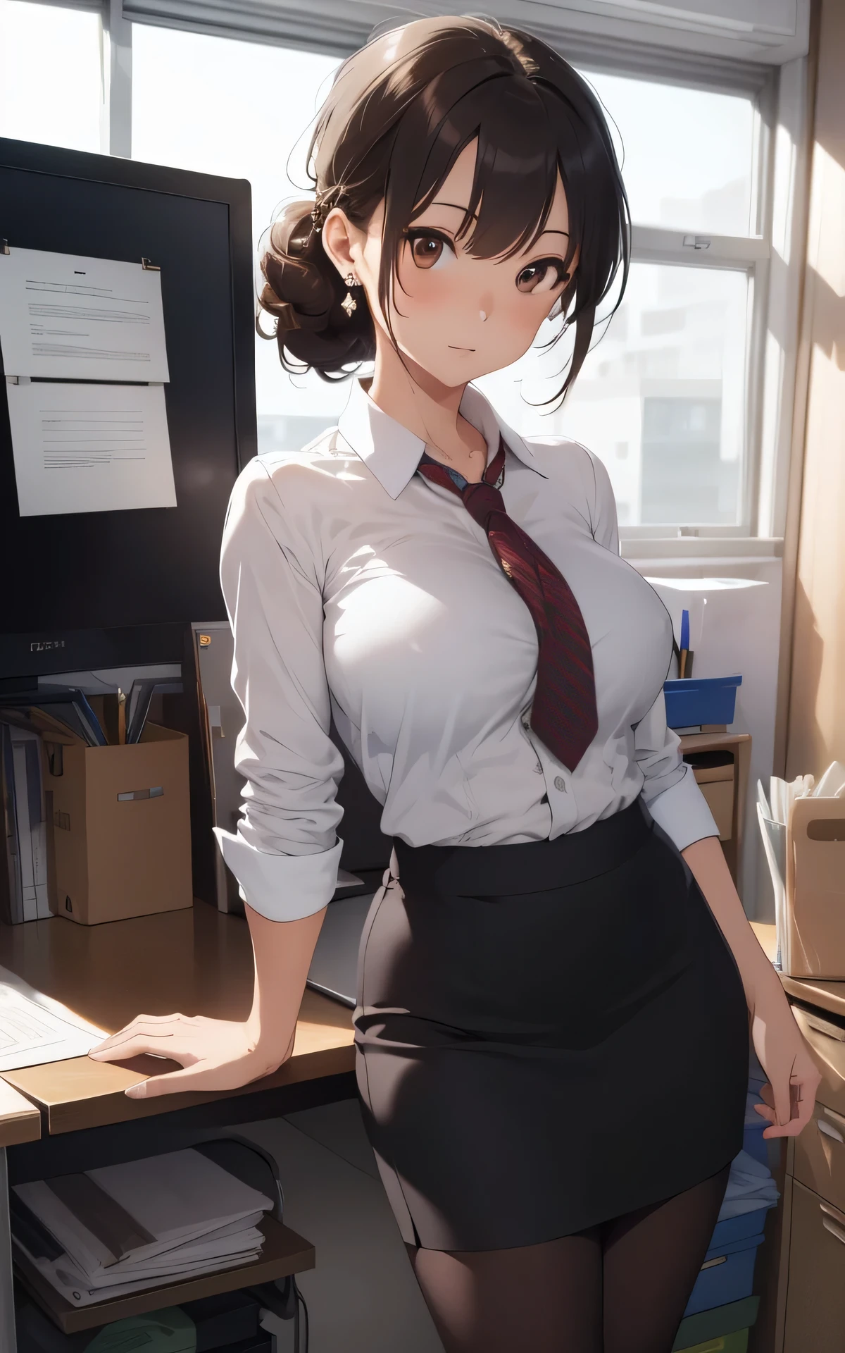 (sexy poseasterpiece), (best quality), (intricate detailed), (Hyperrealistic), absurd res, perspective, highly detailed, detailed background, illustration, 1girl, perfect hands, detailed fingers, beautiful detailed eyes, perfect eyes, seductive eyes, (medium chest), milf, mature woman, brown eyes, CEO, (office clothes:1.2), Tight Skirt, pantyhose, earrings, a woman in the office room, serious, chignon