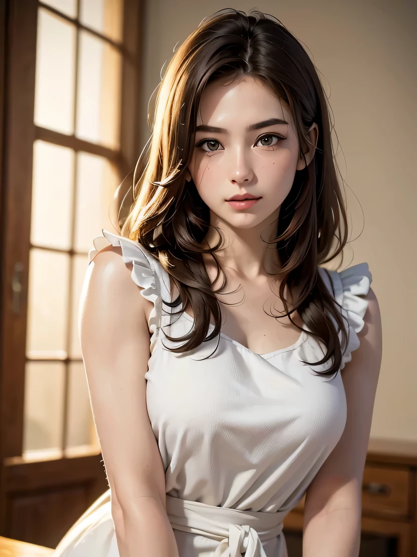 A close up of a woman in a white dress sitting on a bed - SeaArt AI