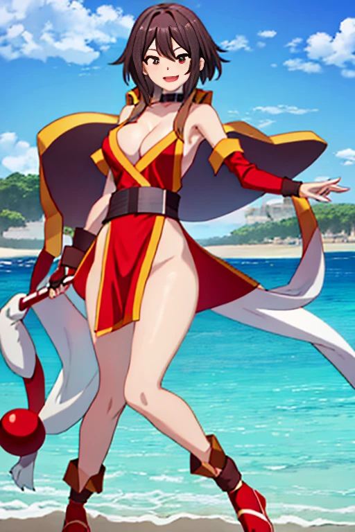 masterpiece, high resolution, best quality, high definition, beautiful art, 1 woman, solo, Megumin, 30 years old, grown up, loose long hair, big breasted, cleavage, cosplaying as Mai Shiranui, sexy outfit, alluring body, full body, dancing seductively, looking at the viewer, smiling joyfully, flirting with the viewer, showing her seduction, beach environment