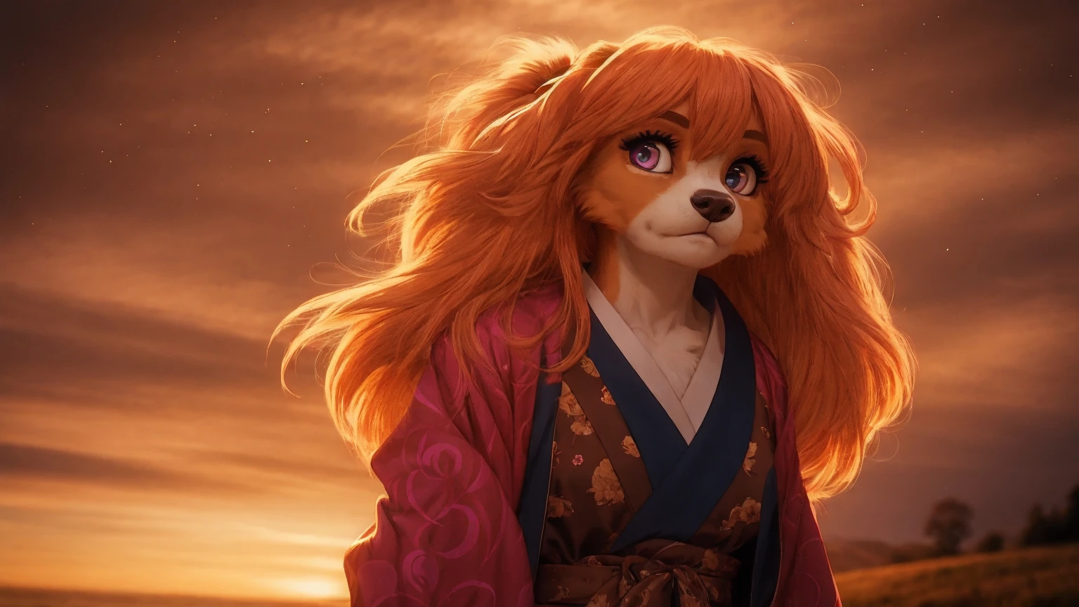 Skye, female cockapoo, floppy cockapoo eyes, anthro, long messy ginger hair, beautiful and detailed magenta eyes, tall, curvy, muscular, kimono, standing, serious, neutral expression, extremely detailed, solo, beautiful, high quality, 4K, 8K, HDR