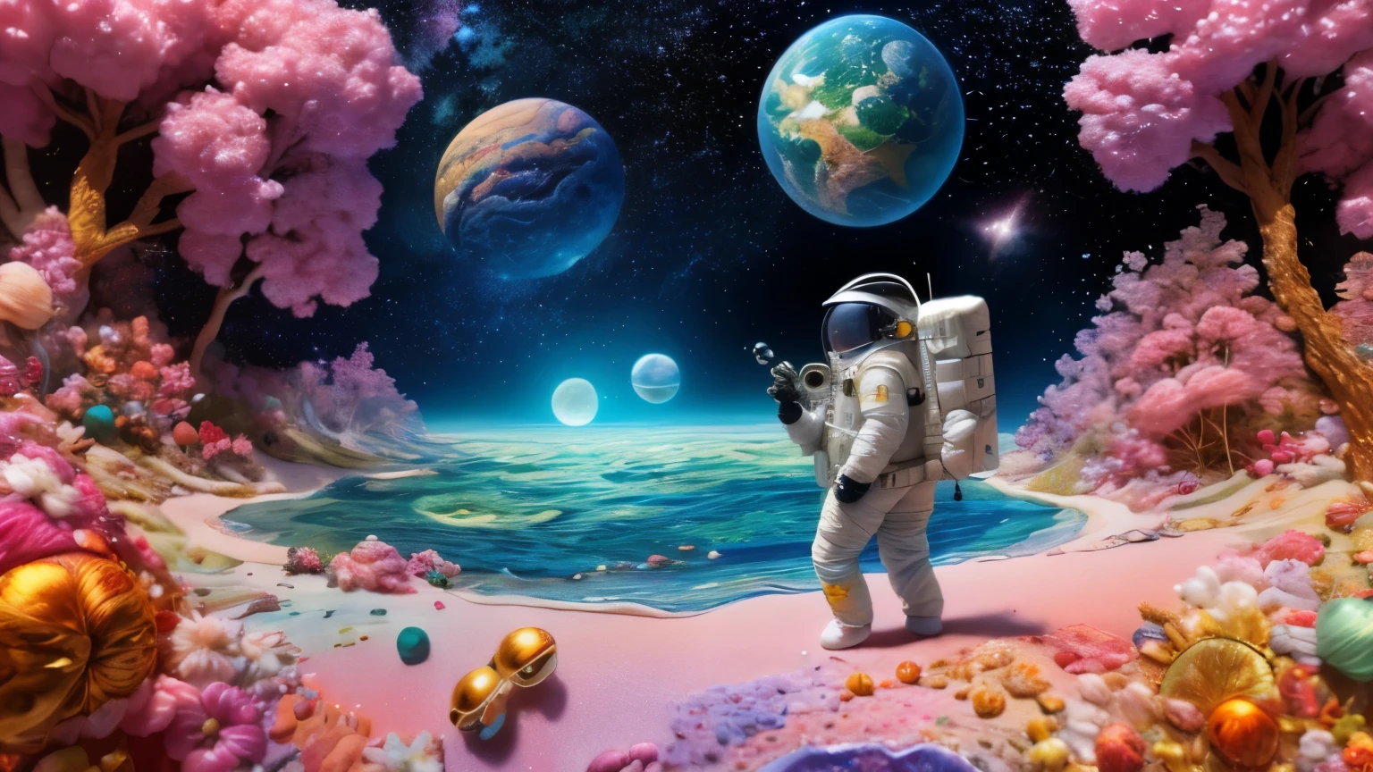 best quality, masterpiece, ultra high resolution,HD details， (Photorealistic:1.4), Surrealism, like a dream,masterpiece，8k，Lifelike，
Astronaut lost in dreamy galaxy, several shining stars，Colorful dreamy planet，
Embroidery style，Front view，suffocating，Immersive，unique painting，Reasonable composition
