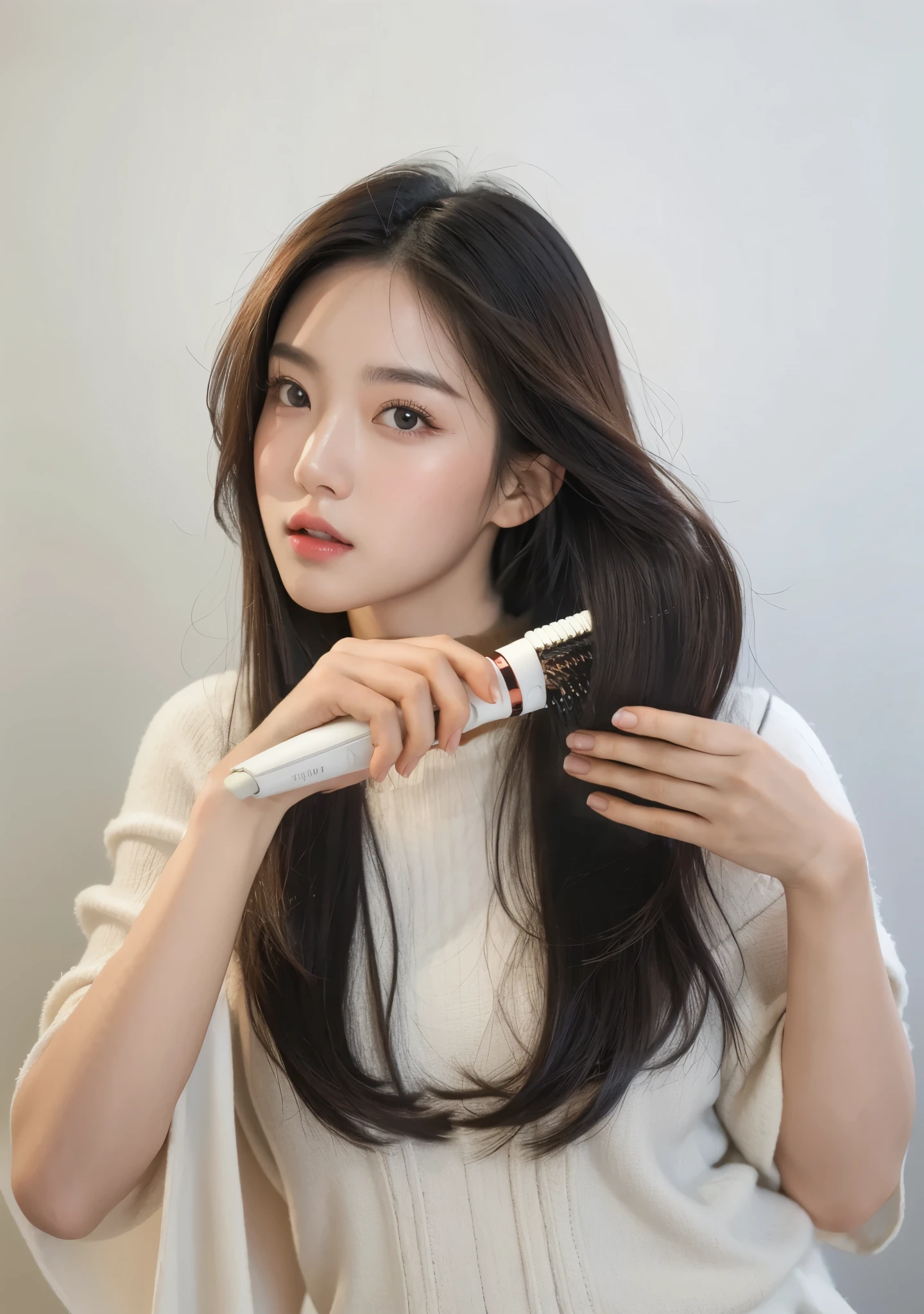 close-up of beautiful Korean female, length hair, straight hair, flat bangs hair, 38 inches breasts size, wearing strapless tube top, short pants legging, holding scissors, at the barbershop male place, UHD