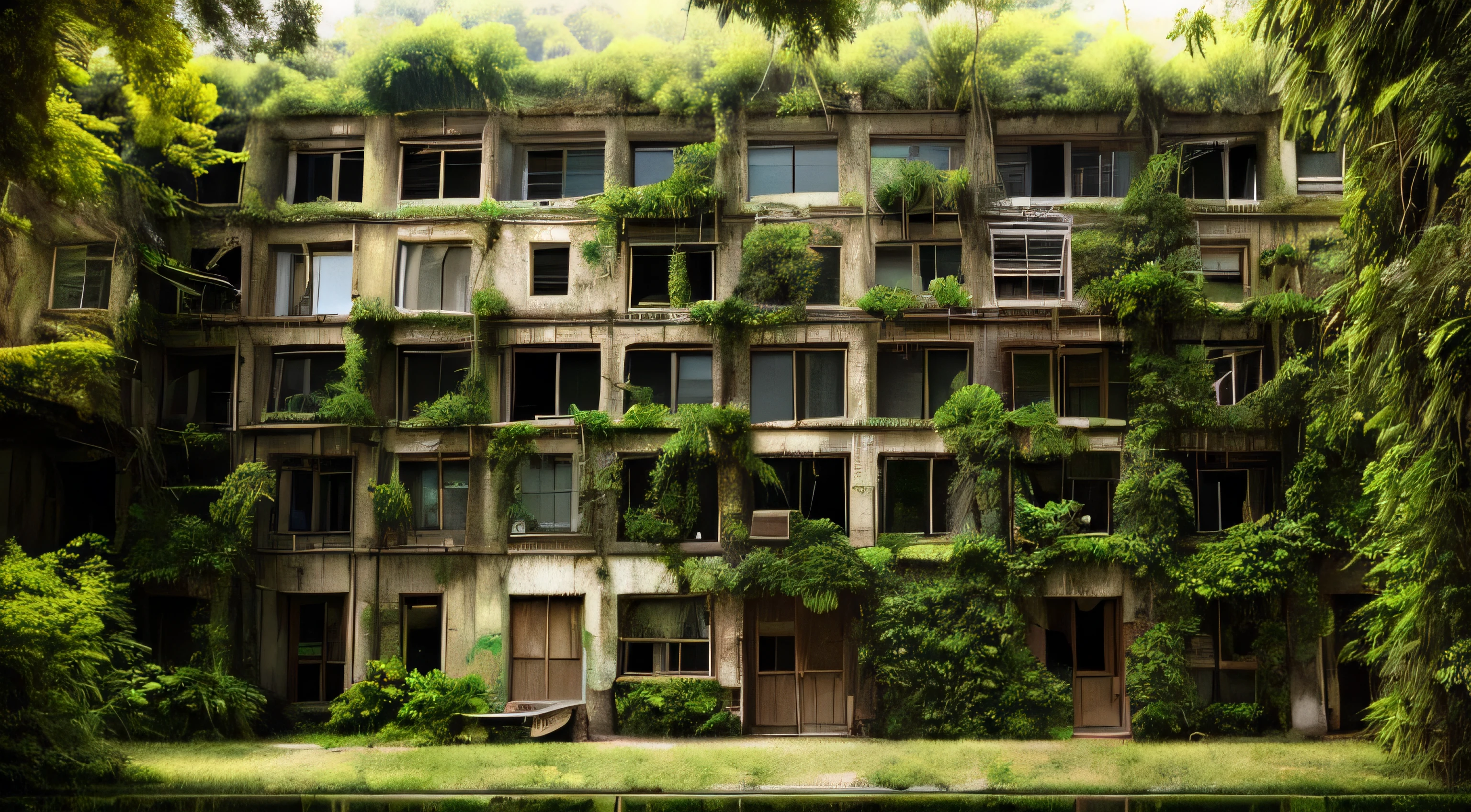 building with Arafat, many windows and vines, grows on the sides, Empty buildings with vegetation, An overgrown city, Overgrown ruins, Mossy buildings, overgrown with vines, nature takes over, Surreal abandoned buildings, overgrown environment, overgrown jungle ruins, Overgrown place, Sprawl of nature, overgrown shopping center, &quot;Abandoned architectural buildings One entrance door. This&#39;closed up