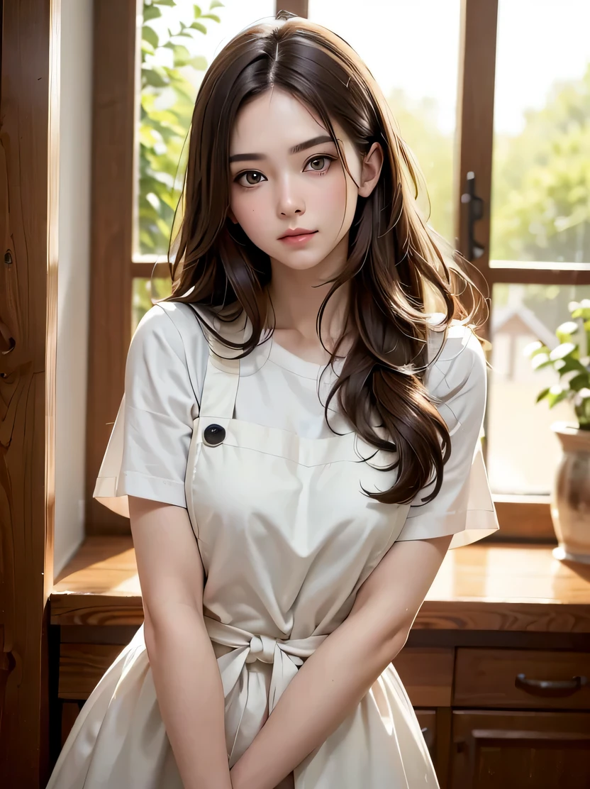((masterpiece、highest quality、realistic、Super detailed、High resolution、Photoreal、sharp focus))、Photographing a beautiful girl from the front、3/5 shot、Focus from the waist up、plain background、With an oval face and symmetrical facial structure、Big eyes、soft wavy brown hair、soft skin、pale white skin、Raise your chin slightly、closed your mouth、slight smile 、 white apron、bright light、high color saturation、high contrast、detailed hand drawn、cute pose