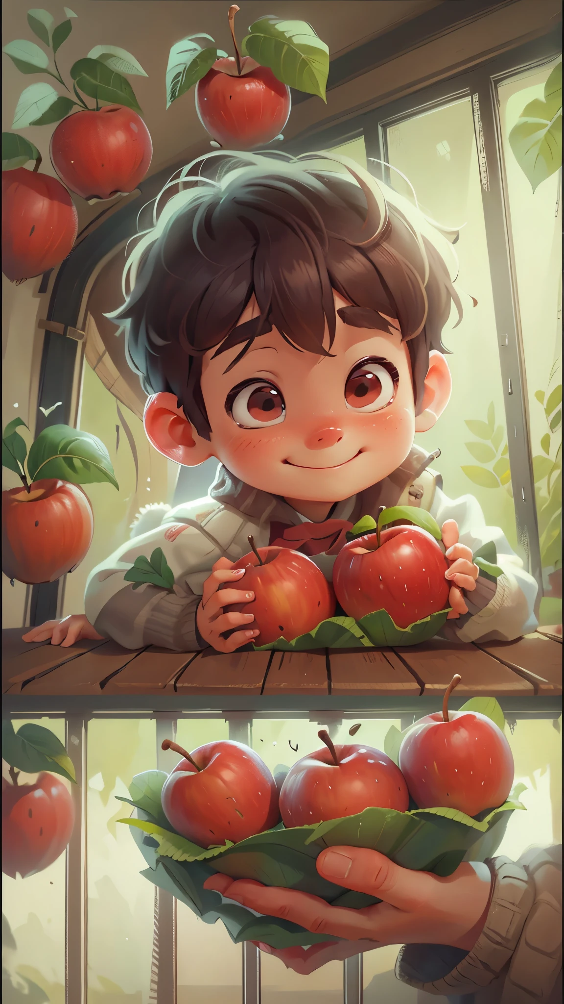 a cute little boy，Hands holding red apples，front view, Pixar style, best quality, stills, very cute, big eyes, happy，very cute,