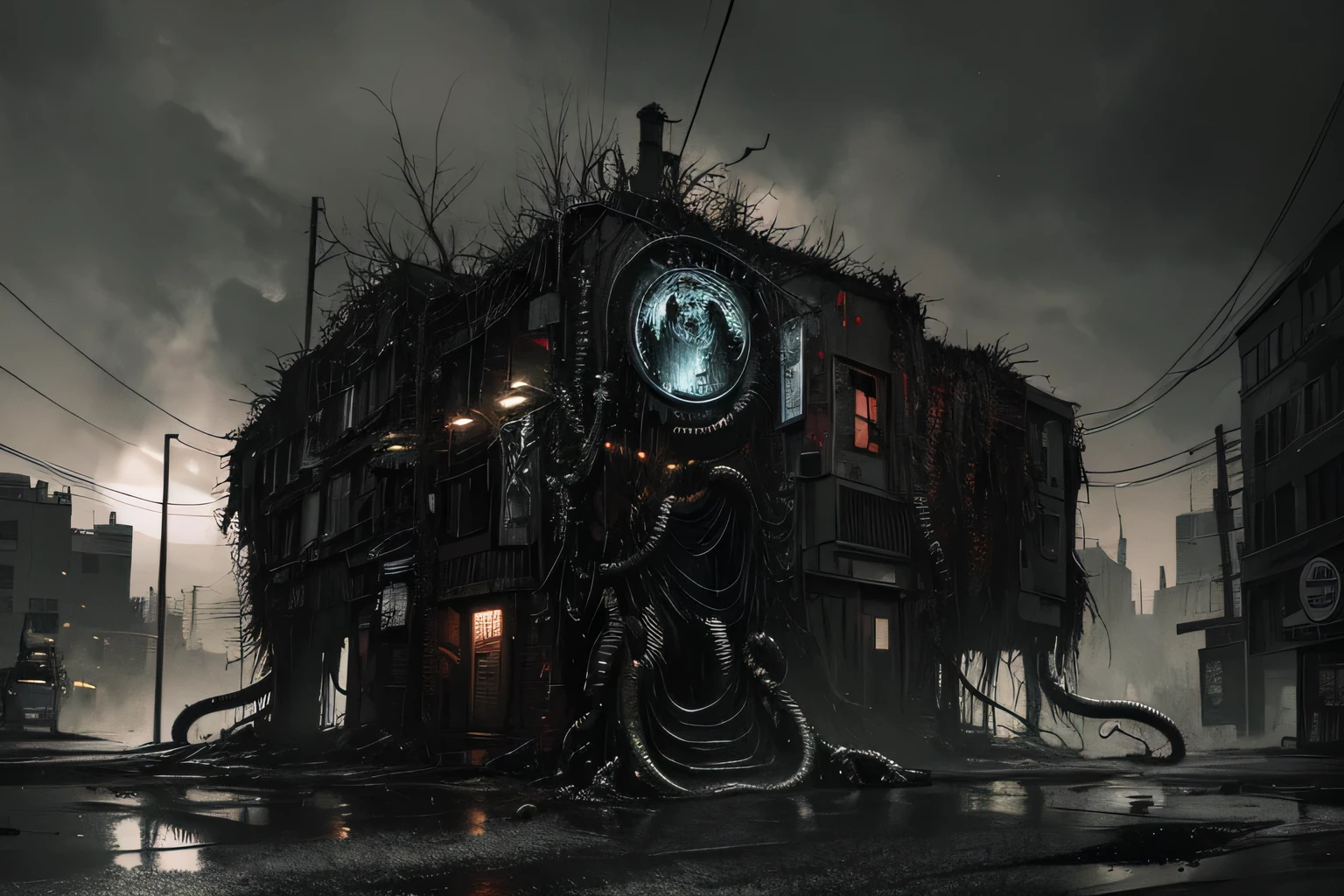 ((tentacles biopunk horror art)), (horror tentacles), Dark lighting, cold light, black oil liquids, Dark Fantasy, gloomy ruined city, dark armored car, very detailed art, (very detailed background)