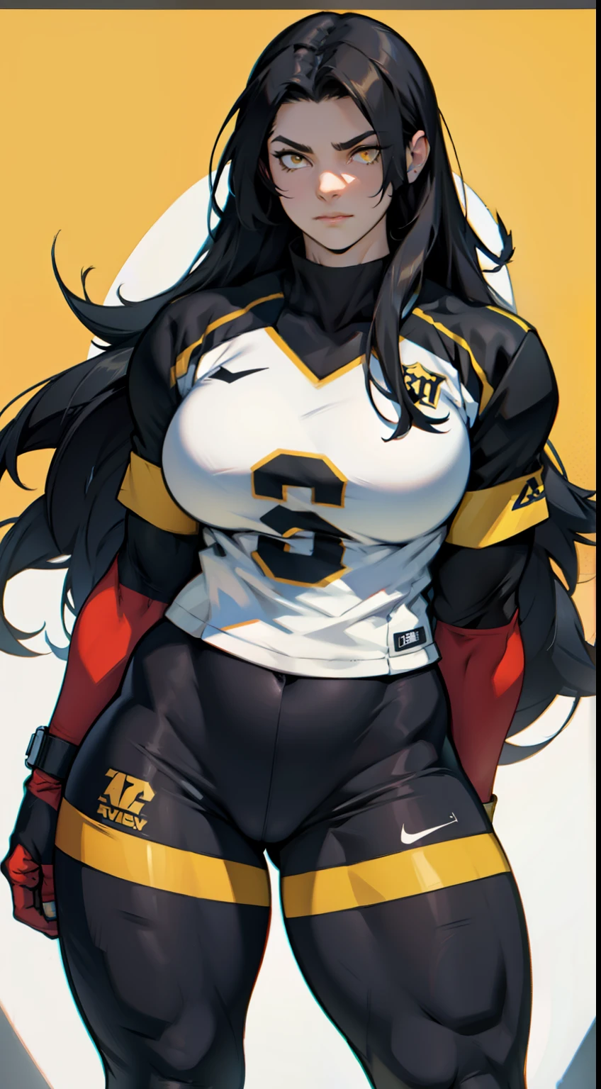 breasts huge muscles huge thighs solo girl black hair extremely long hair pale skin expressionless yellow eyes ((football))
