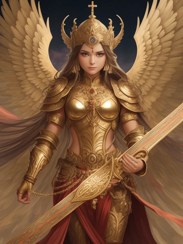 Danielle van de Donk's golden holy angel is dazzling, with six wings hovering in the sky, dressed in gold armor, holding a holy sword, wearing a halo on his head, and his face is solemn, exuding majesty and solemnity, which is awe-inspiring.