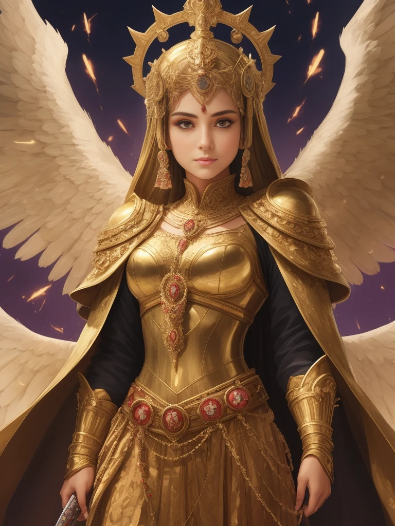Danielle van de Donk's golden holy angel is dazzling, with six wings hovering in the sky, dressed in gold armor, holding a holy sword, wearing a halo on his head, and his face is solemn, exuding majesty and solemnity, which is awe-inspiring.