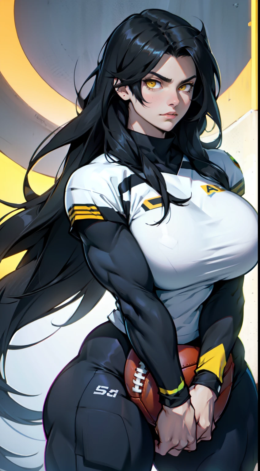 1girl female bodybuilder huge breasts black hair yellow eyes solo sweaty very long hair pale skin laying in bed blushing dark atmosphere seductive expression