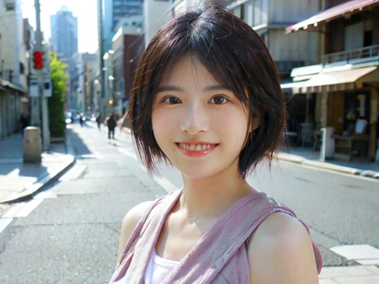 japanese woman、smile、The background is the city、short hair、looking at the camera、masterpiece