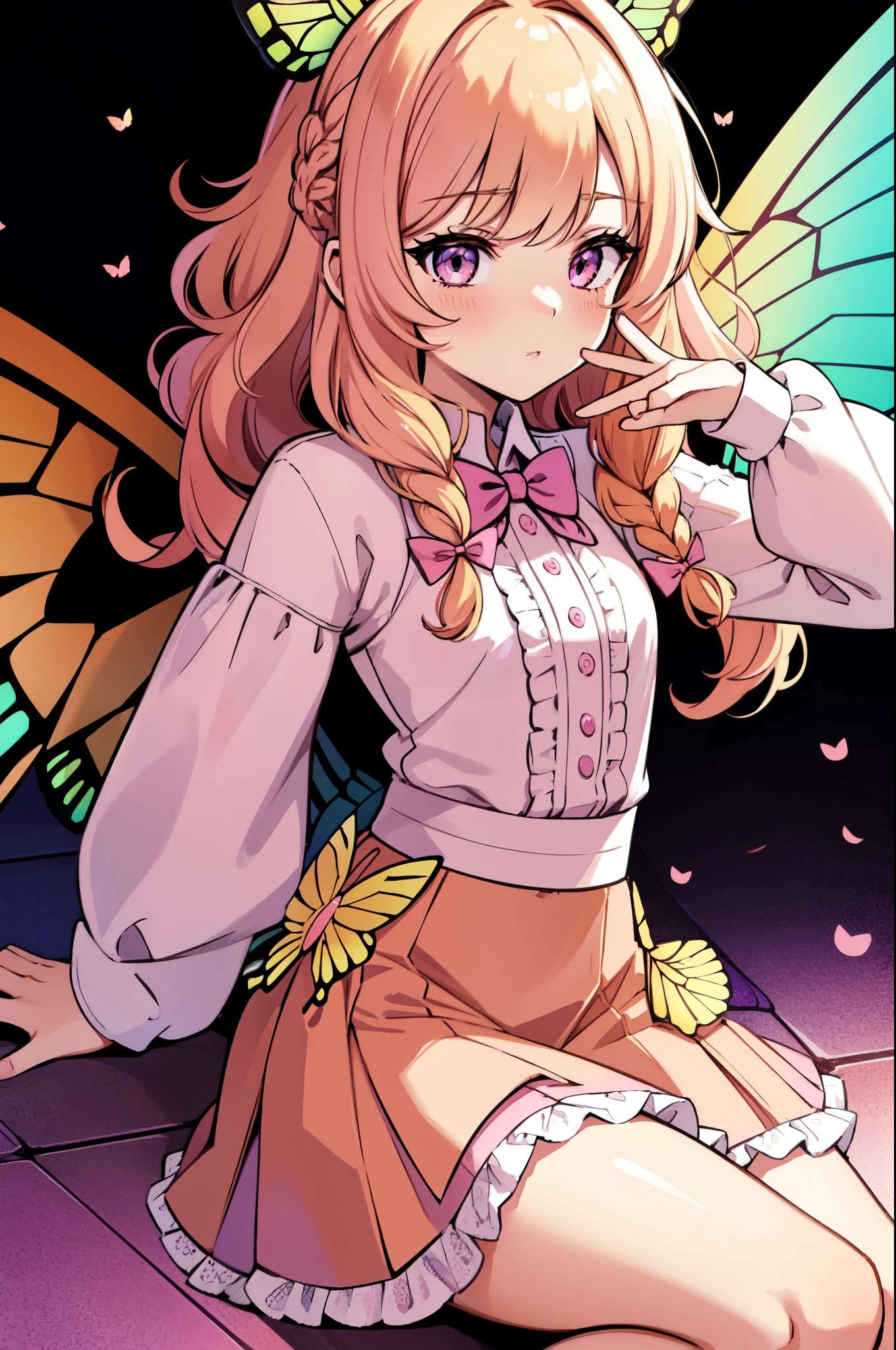 1girl, (butterfly ears:1.3), (blonde hair, pink hair), ((((curly hair)))), (medium hair), ((sidelocks)), ((((braided bangs))), ((sunrise eyes)), (dynamic pose), (colorful idol costume), ((lacy skirt)), ((skirt ribbons)), (black pantyhose), (butterfly wings:1.2), (dynamic angle), more_details:-1, more_details:0, more_details:0.5, more_details:1, more_details:1.5, glowify, more prism, vibrant color, ((color scheme: pink, white, pale orange))