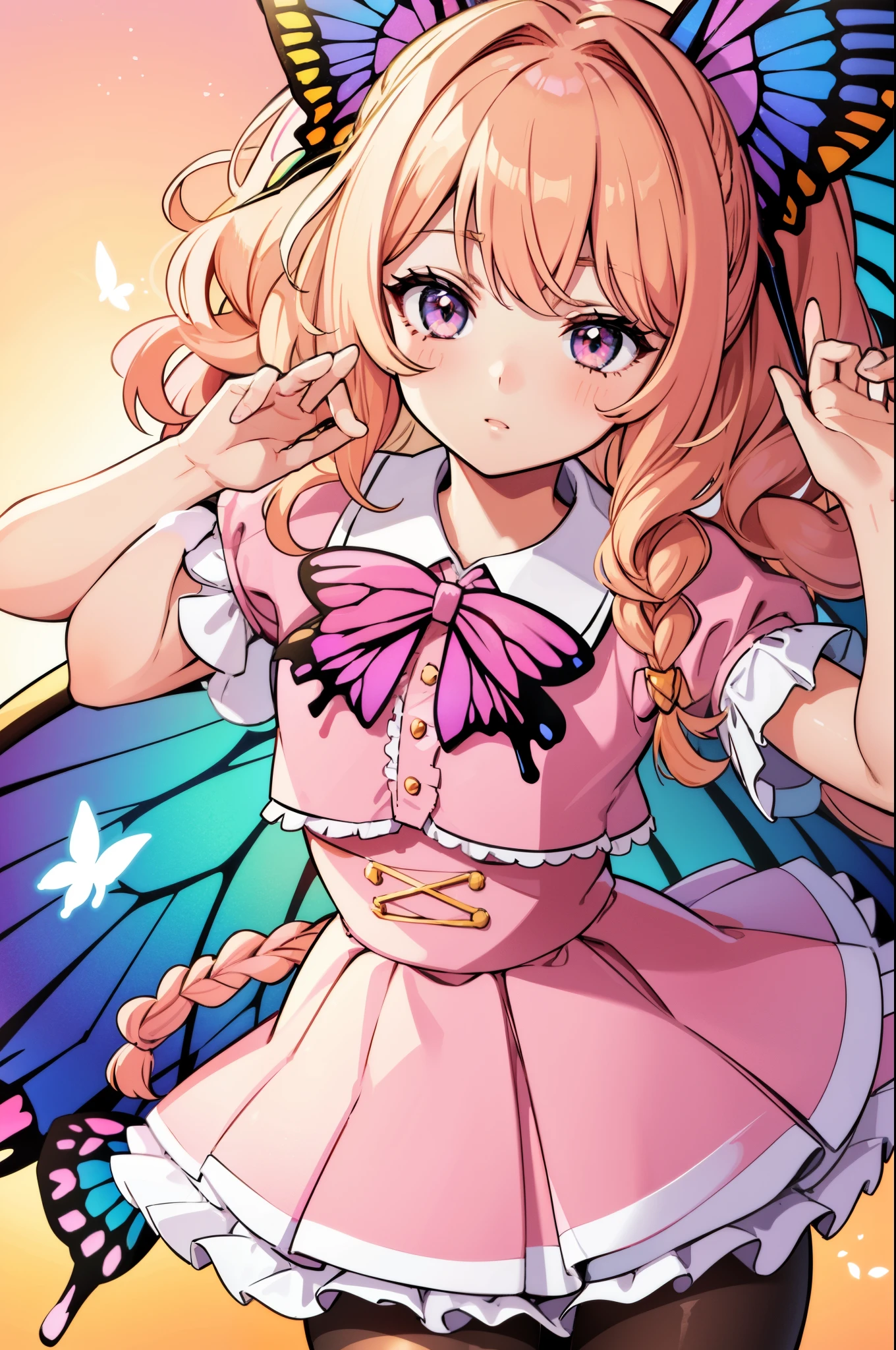 1girl, (butterfly ears:1.3), (blonde hair, pink hair), ((((curly hair)))), (medium hair), ((sidelocks)), ((((braided bangs))), ((sunrise eyes)), (dynamic pose), (colorful idol costume), ((lacy skirt)), ((skirt ribbons)), (black pantyhose), (butterfly wings:1.2), (dynamic angle), more_details:-1, more_details:0, more_details:0.5, more_details:1, more_details:1.5, glowify, more prism, vibrant color, ((color scheme: pink, white, pale orange))