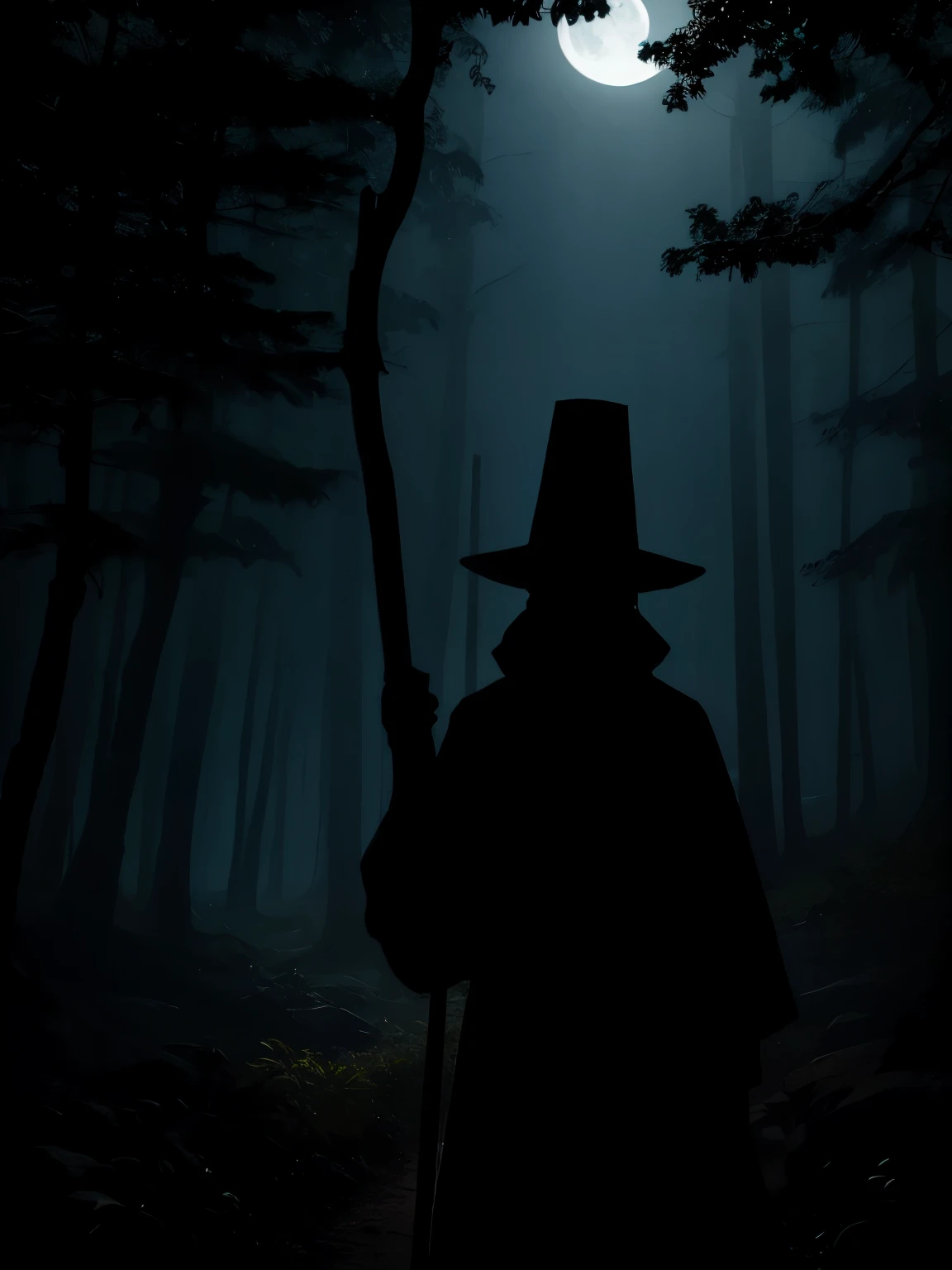 shadow silhouette of an elderly hermit man with a lantern and stick in hands in a forest in the middle of the night, silhouette without lighting, shadow silhouette in darkness, silhueta de jazz, sombra em uma floresta. sombra sem corpo, sem rosto, sombra silhueta, silhueta sombria dentre arvores, silhueta de uma pessoa nas sombras