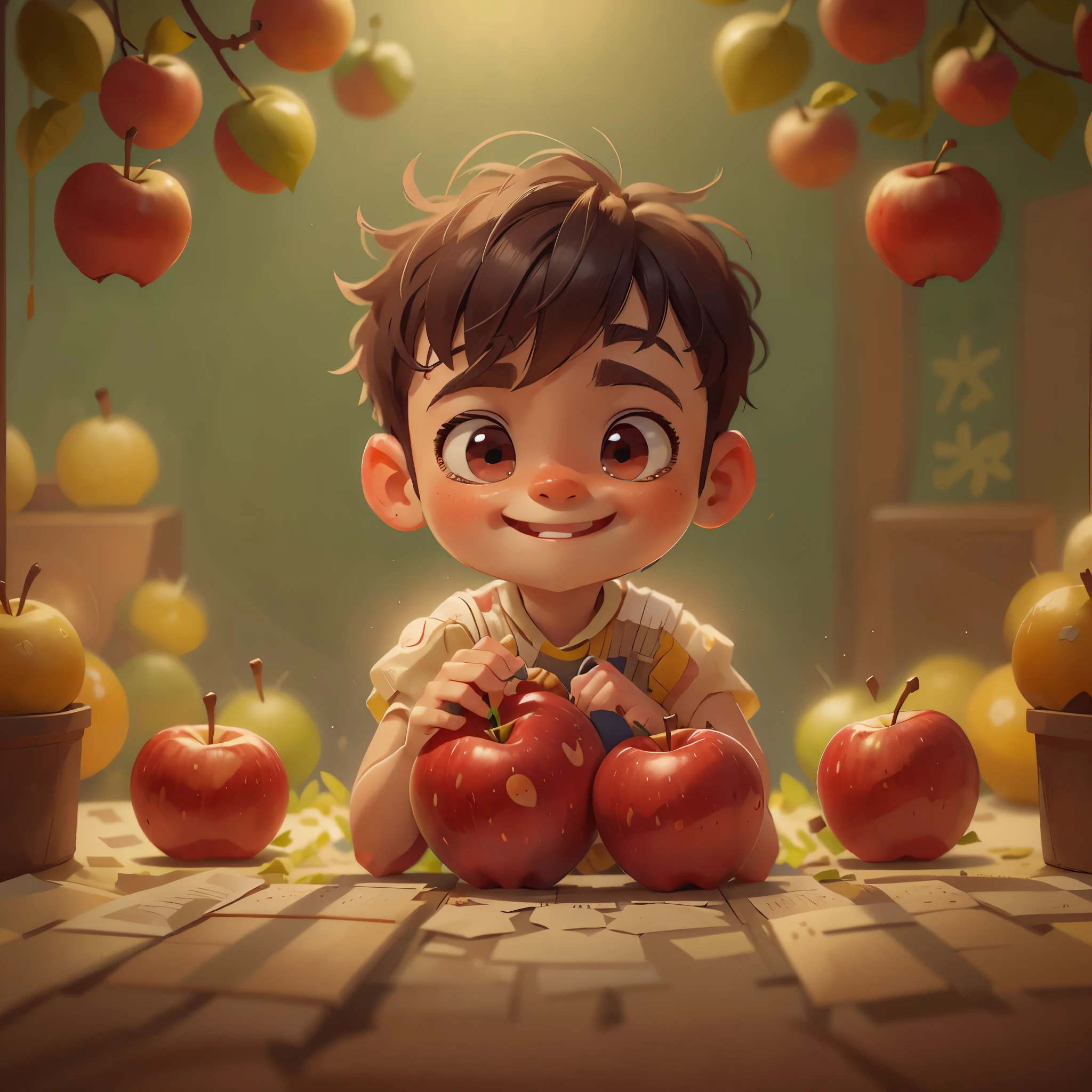 a cute boy,Hands holding red apples,front view, Pixar style, best quality, stills, very cute, big eyes, happy,very cute,