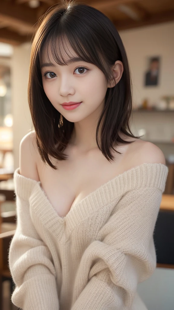 n.f.s.in.、highest quality、confused、Super detailed、finely、High resolution、8k wallpaper、perfect dynamic composition、beautiful and detailed eyes、Off-the-shoulder sweaters、lace underwear、short hair、bangs、natural color lip、smile、Cafe、Japanese、18 year old woman、cute、sexy shot looking at camera、Always blur the background、完璧in美しい顔,beautiful and detailed face、slim face and style 、beautiful cleavage、膝を曲げてスカートを脱いinいる