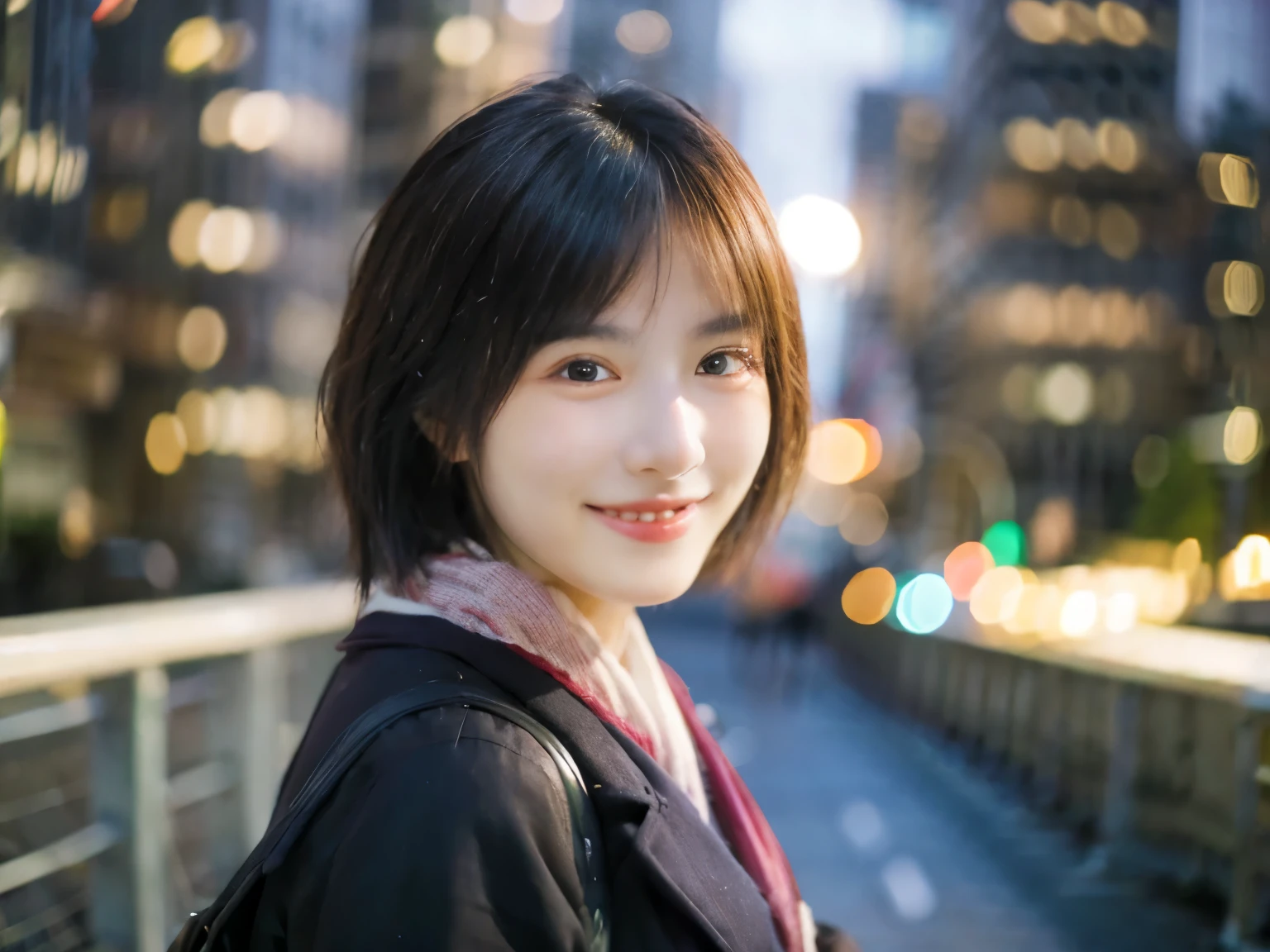 japanese woman、smile、The background is the city、short hair、looking at the camera、masterpiece