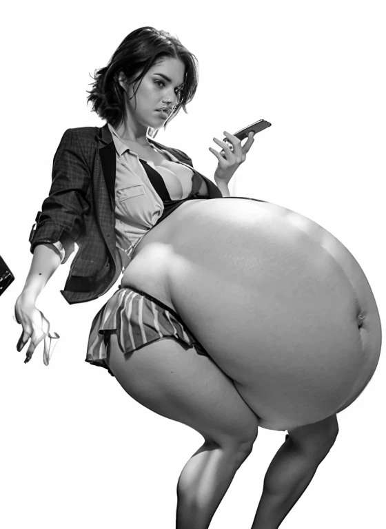 A sexy woman with a giant pregnant belly, woman wearing a blazer and dress shirt, sexy woman angry, upset, looking at her cellphone, fat belly, sexy face