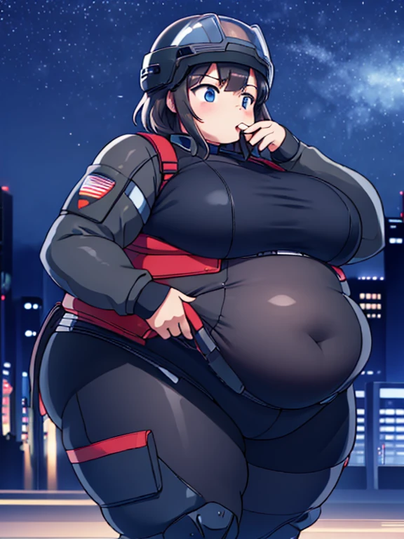 Massively Obese tactical soldier girl, fat rolls, short hair, dark hair, (obese belly):1.5, (obese thighs):1.3, (transparent bodysuit):1.3, pudgy, (soldier helmet):1.2 extremely chubby, BREAK cityscape, Smokey sky, night sky, BREAK eating pizza
